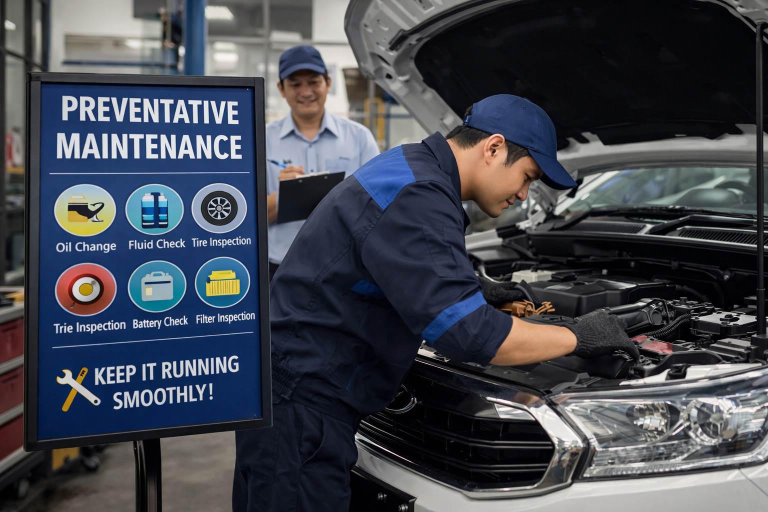 A mechanic checks the engine of a car in an auto repair shop, with a sign listing preventive maintenance services including oil change, fluid check, tire inspection, battery check, and filter inspection.