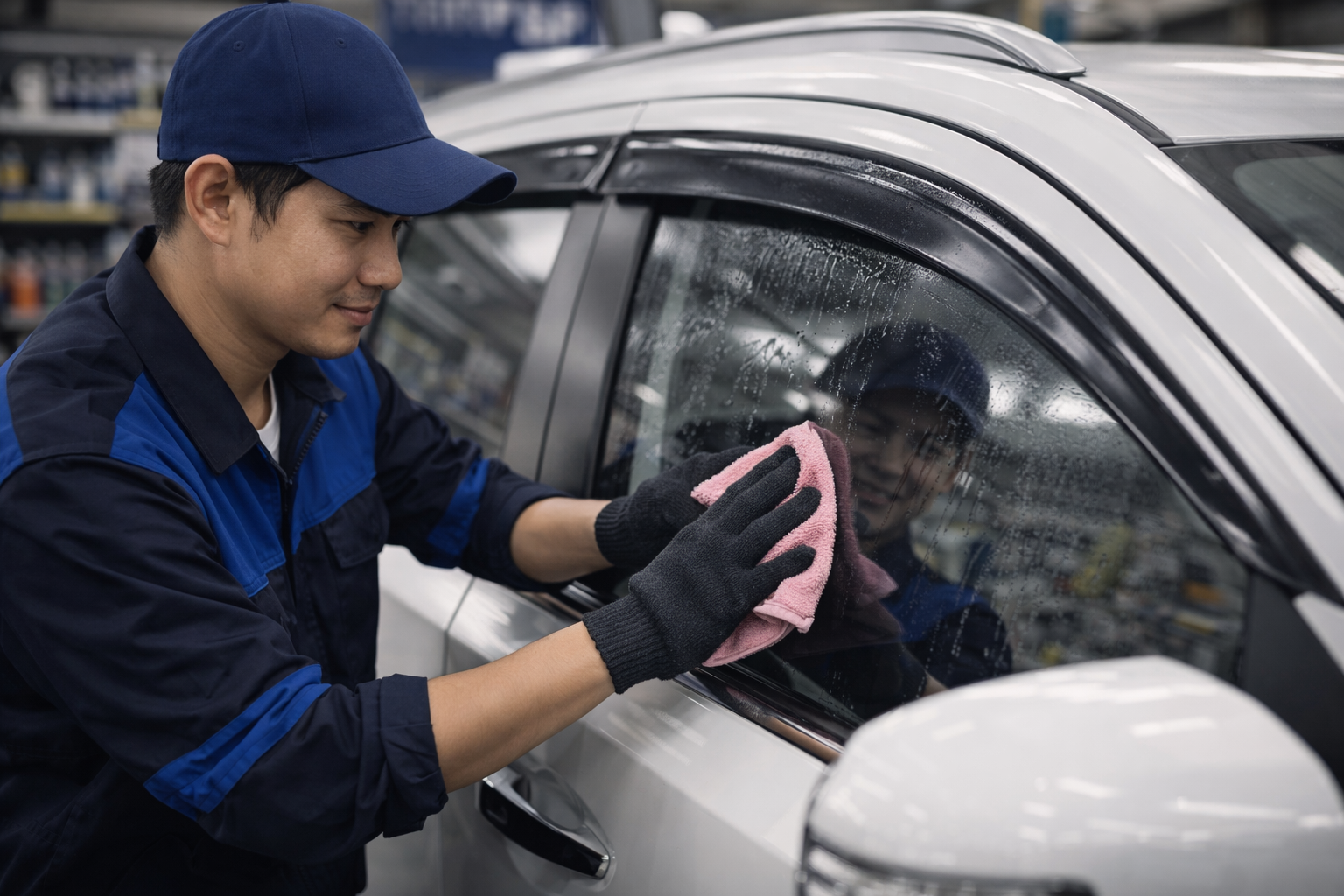 A person cleaning a car window with a pink cloth inside an auto parts store.