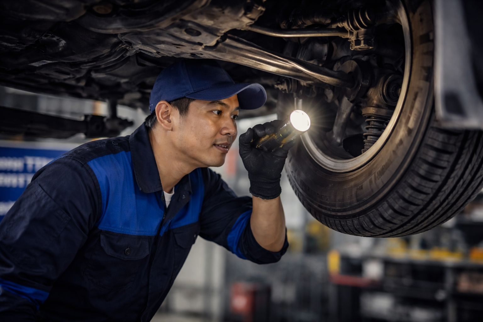 Automotive technician inspecting underside of vehicle with flashlight in a garage.