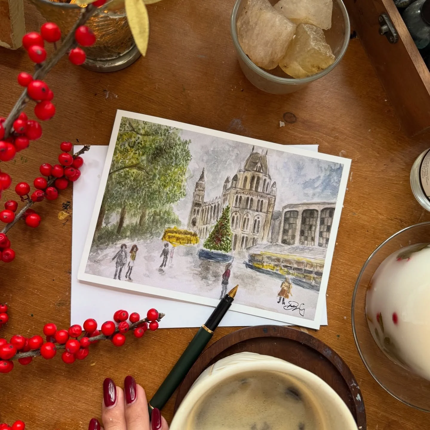 The ionic ice skating rink at the Natural History Museum may have closed permanently but you can still step into it through my watercolour. Christmas is all about traditions and for me ice skating (badly) is one of them especially against the backdro