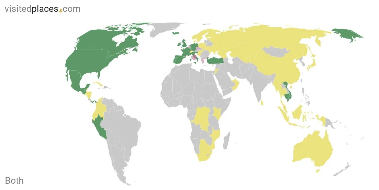 Map showing places where Brieanne and Janell have travelled