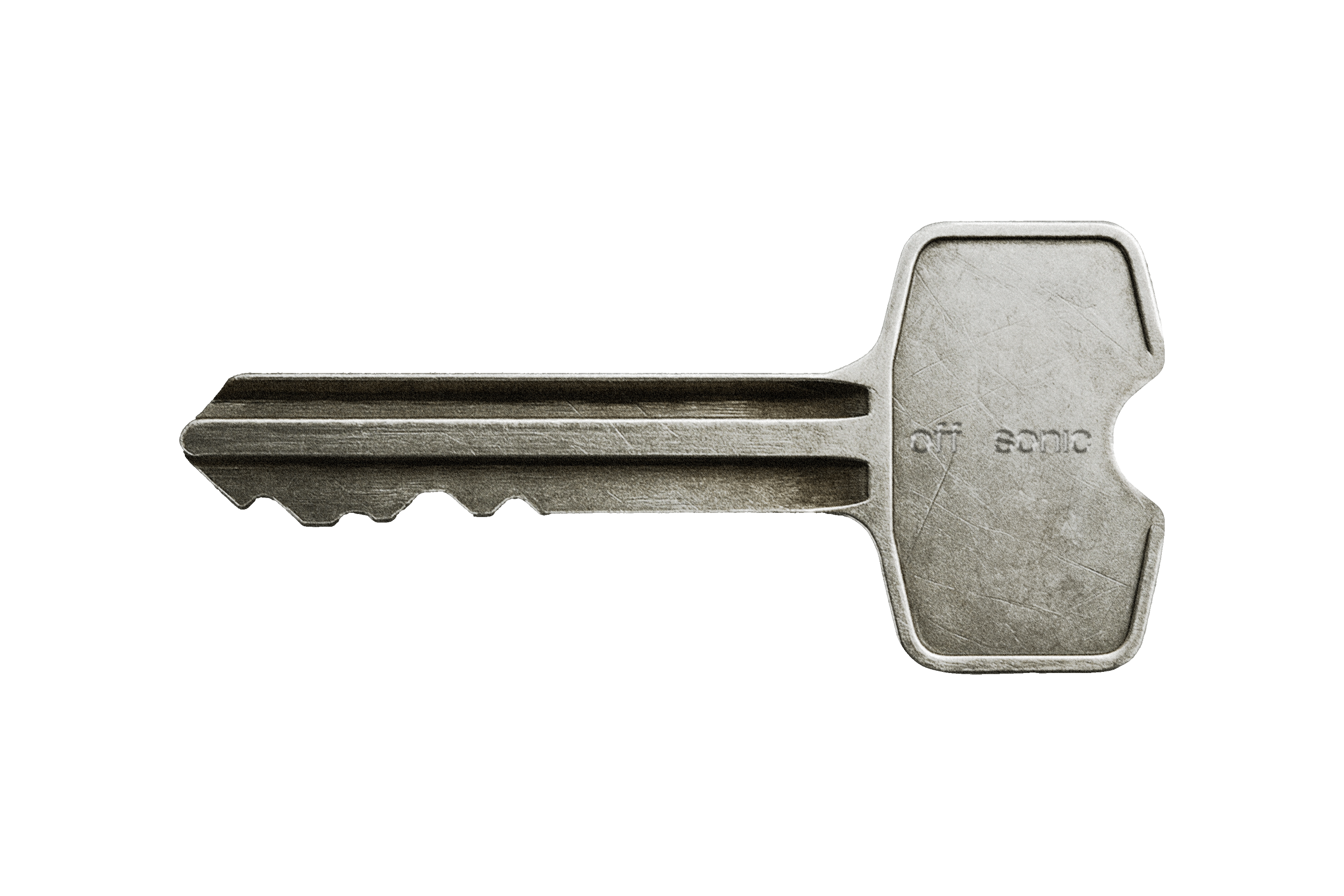 A silver metal key with a triangular head and a notched blade, lying horizontally against a black background.