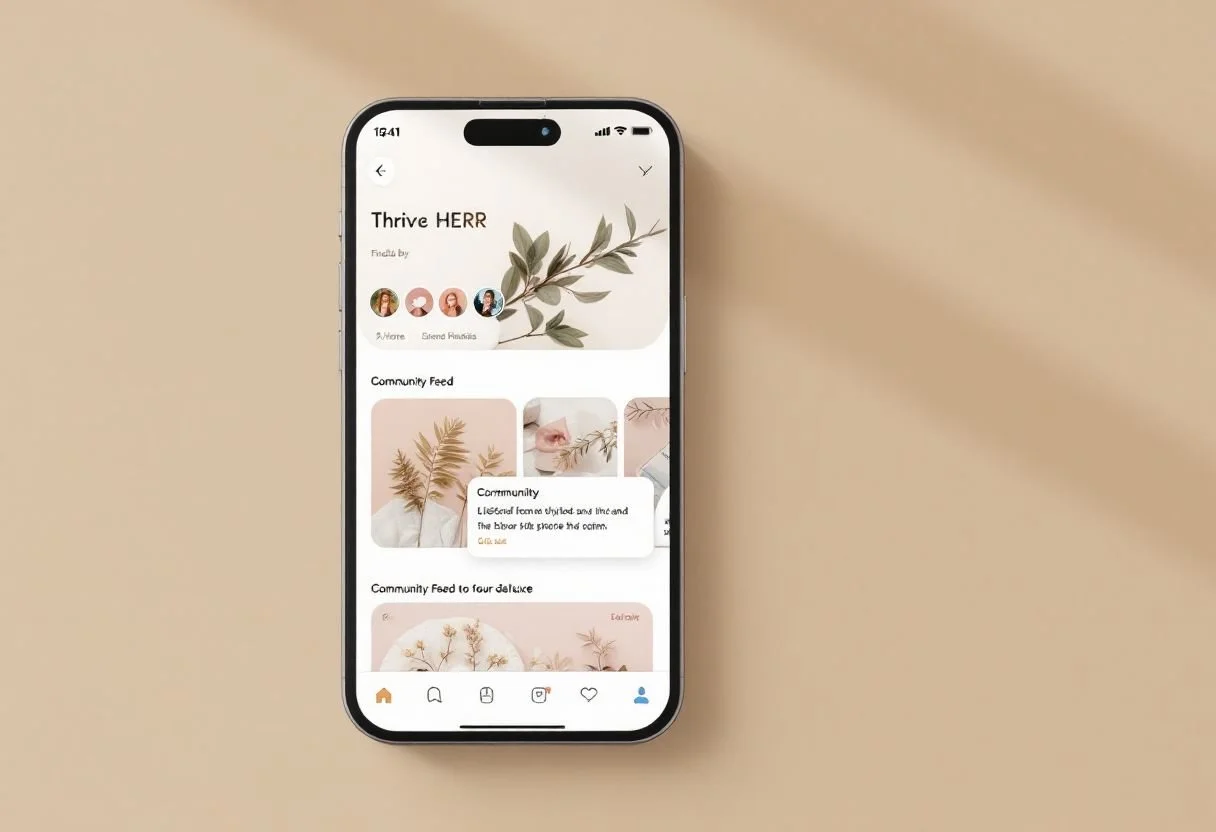 Smartphone displaying a social media app called Thrive HERR with plant-themed posts and community feed, placed on a beige surface.