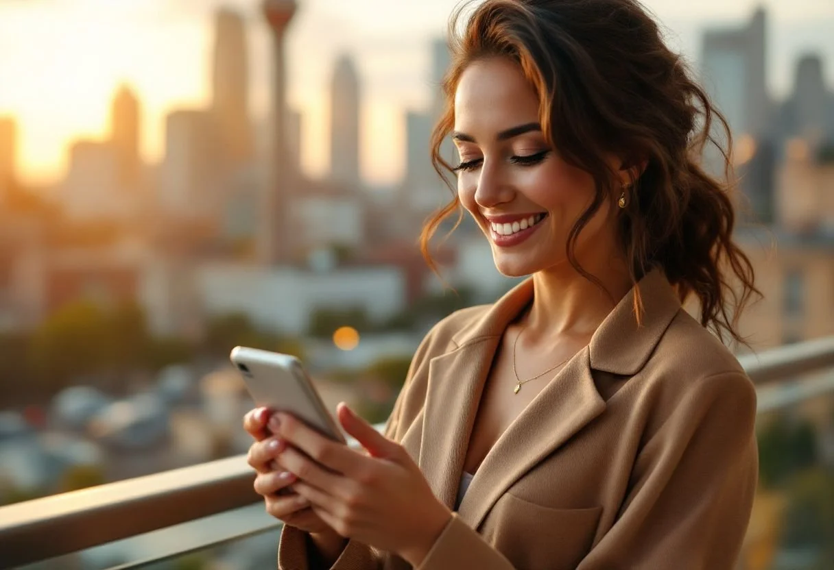 A young woman with curly red hair smiling as she looks at her smartphone on a balcony with a city skyline at sunset in the background.