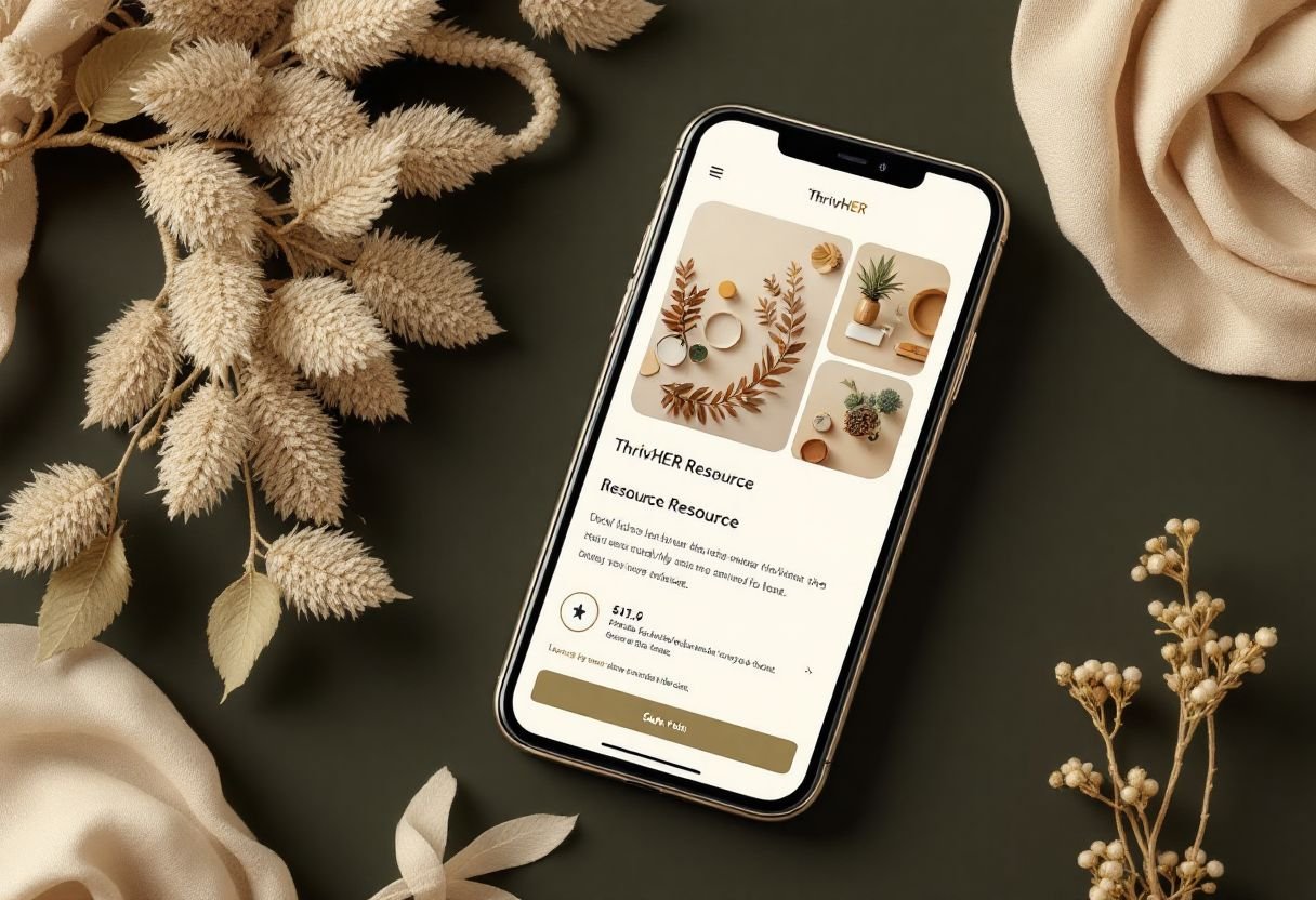 Smartphone displaying a website with natural decor images and resources, surrounded by beige and brown dried plants and flowers on a dark surface.