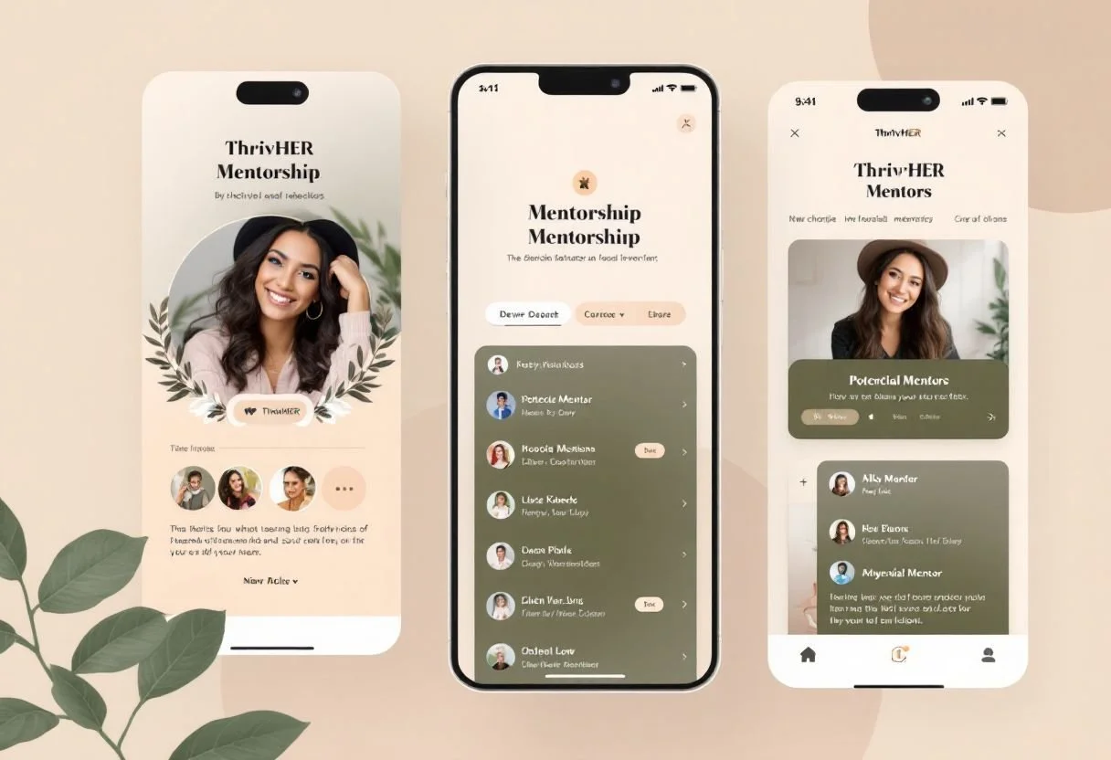 Three smartphones displaying a mentorship app called "ThriveHER" with images of women and lists of mentors and mentees, set against a neutral background with decorative leaves.