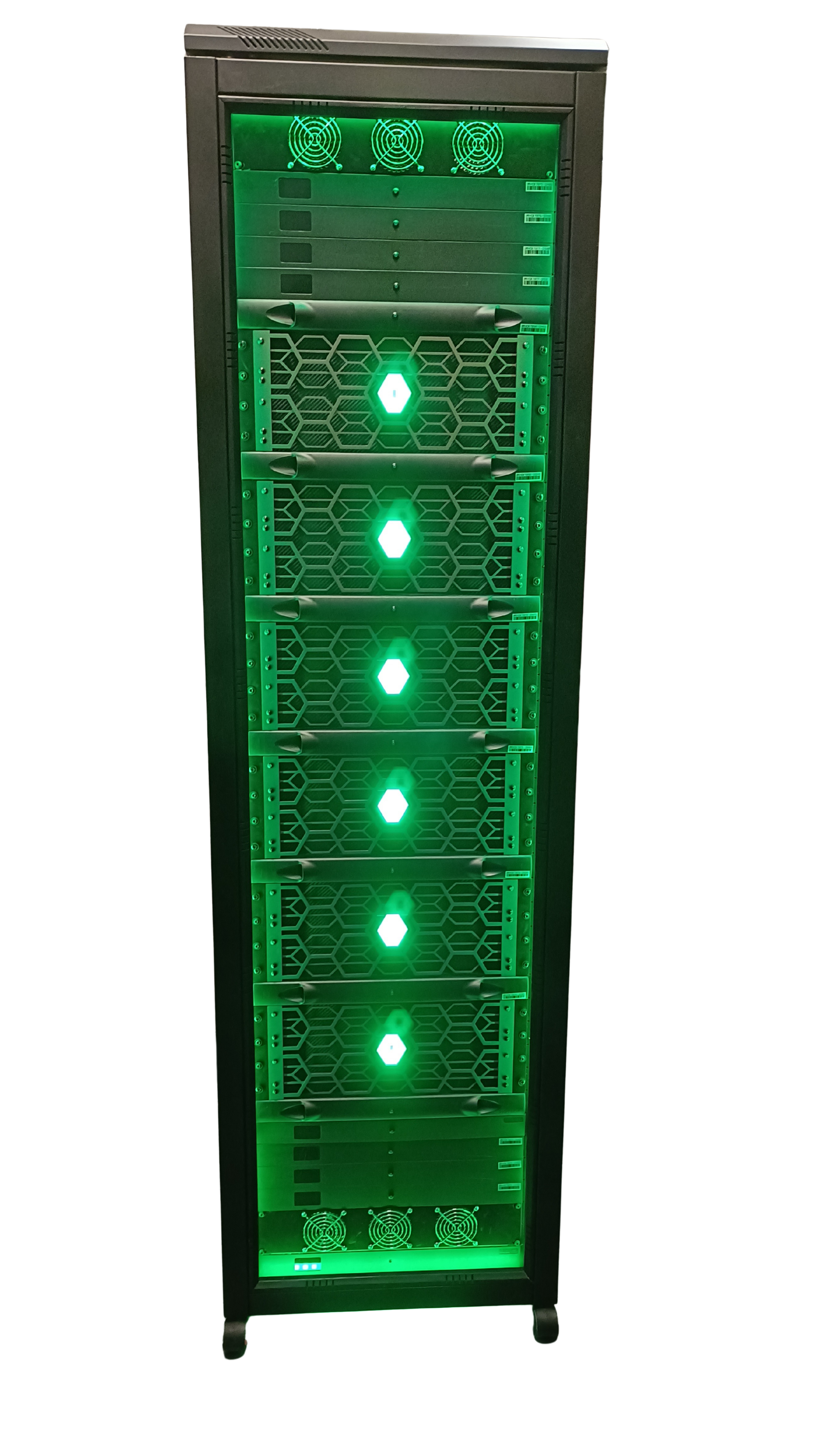 A black server rack with green LED lights and cooling fans, used for computer or data storage.
