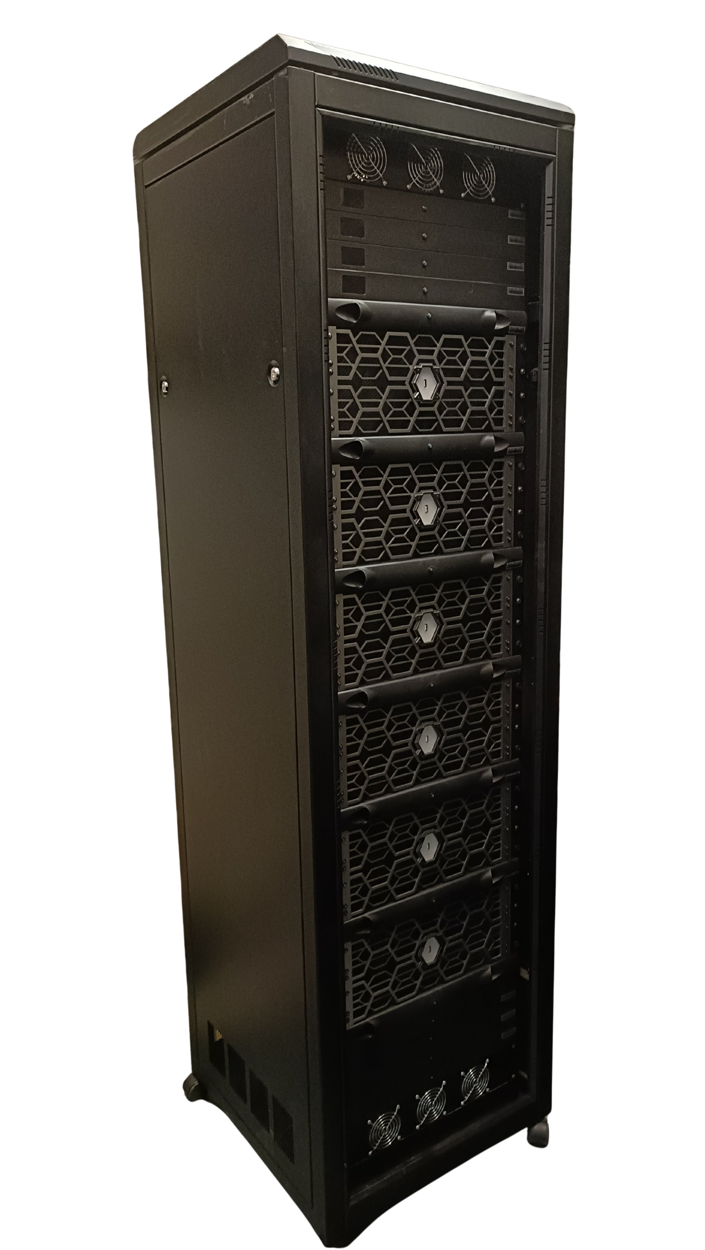 A black server rack with multiple empty slots and cooling fans at the top and bottom.