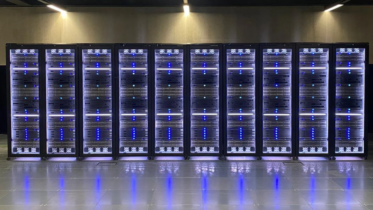 A row of black server racks with glowing blue lights inside, lined up against a wall in a data center or server room.