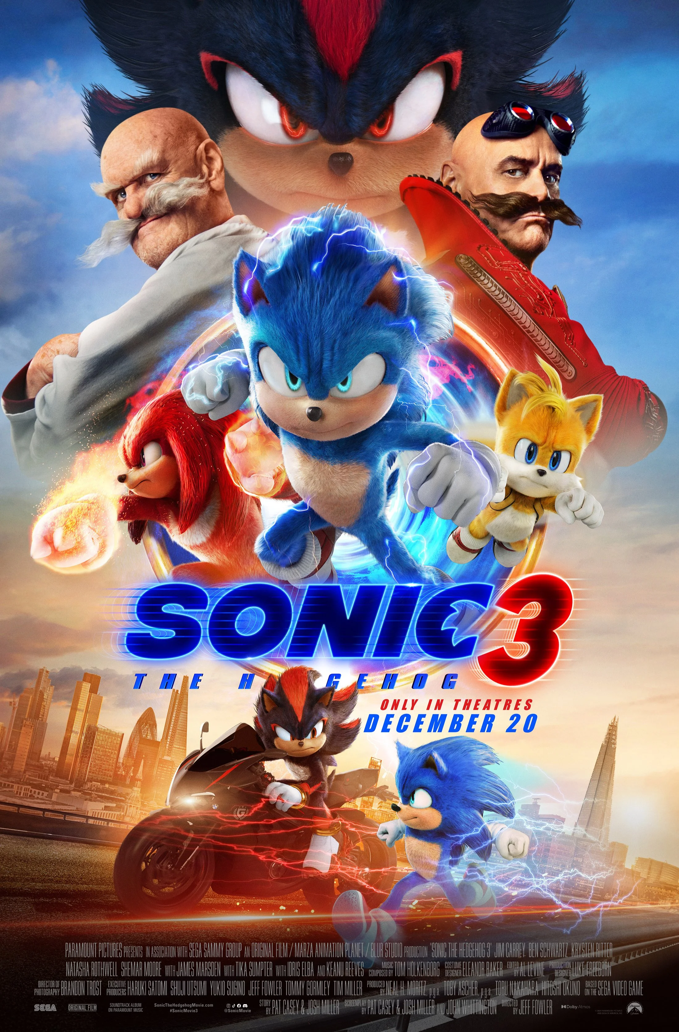 Movie poster for Sonic the Hedgehog 3 showing Sonic running with lightning, Dr. Robotnik on a motorcycle with red lightning, Tails flying, Knuckles, and two characters in the background, with downtown cityscape and sky.