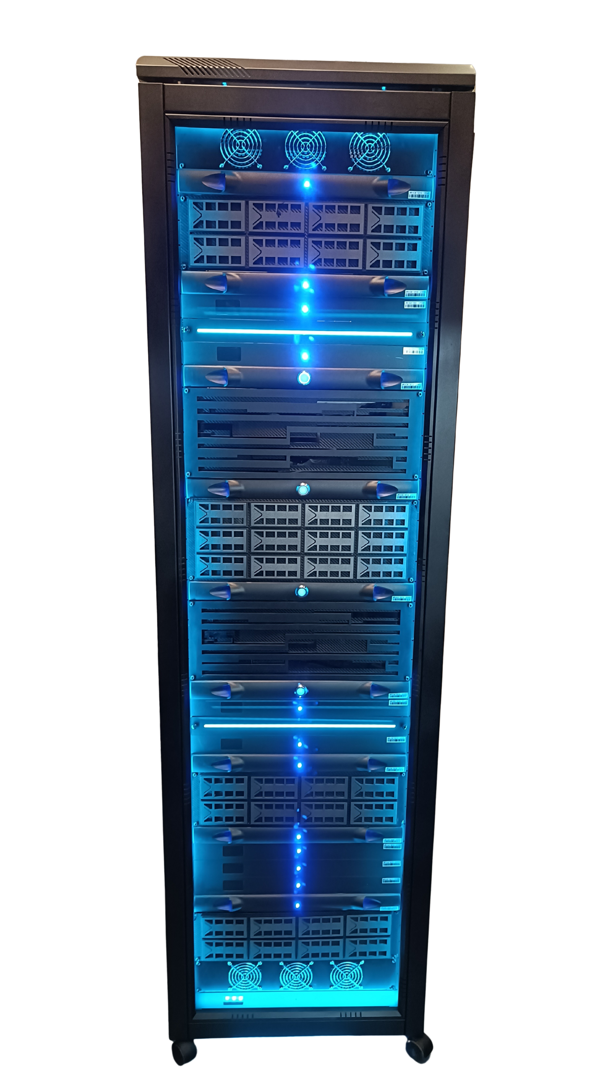 A tall black server rack with multiple illuminated blue LED lights and cooling fans at the top and bottom.