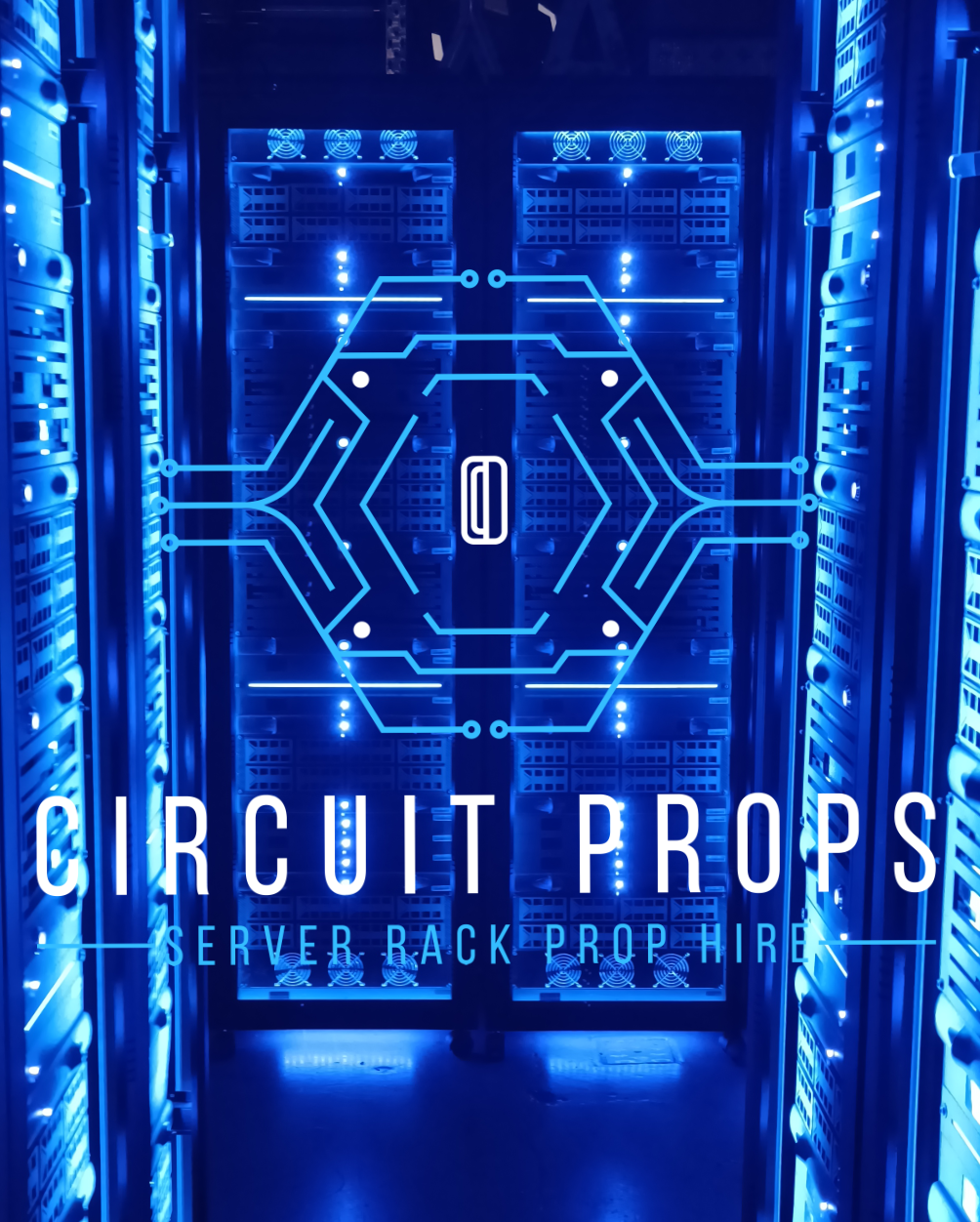Inside a server room with blue lighting and computer racks, overlaid with a futuristic circuit design and text promoting server rack and prop hire.