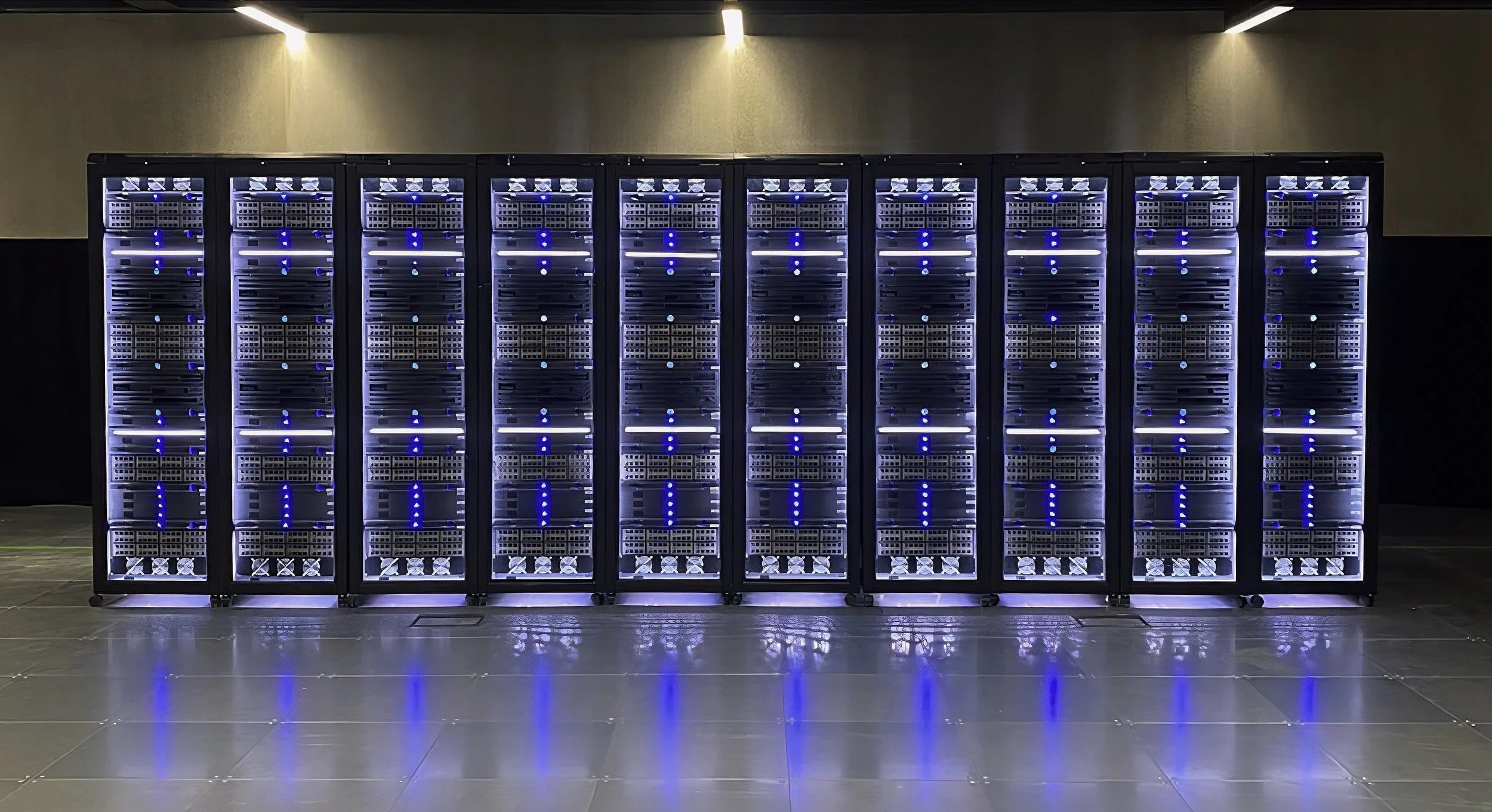 Multiple server racks with blue LED lights in a data center or server room.