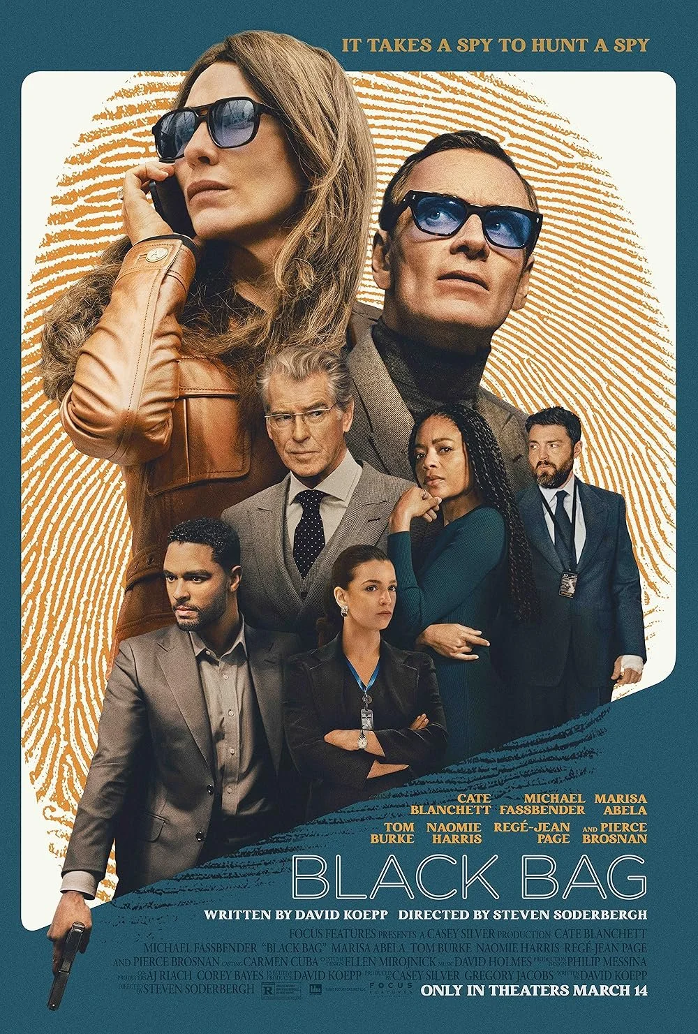 Movie poster for 'Black Bag' featuring the main cast; a woman in sunglasses and a brown leather jacket on the left, a man with glasses behind her, surrounded by four additional characters in professional attire; a fingerprint background with the tagl