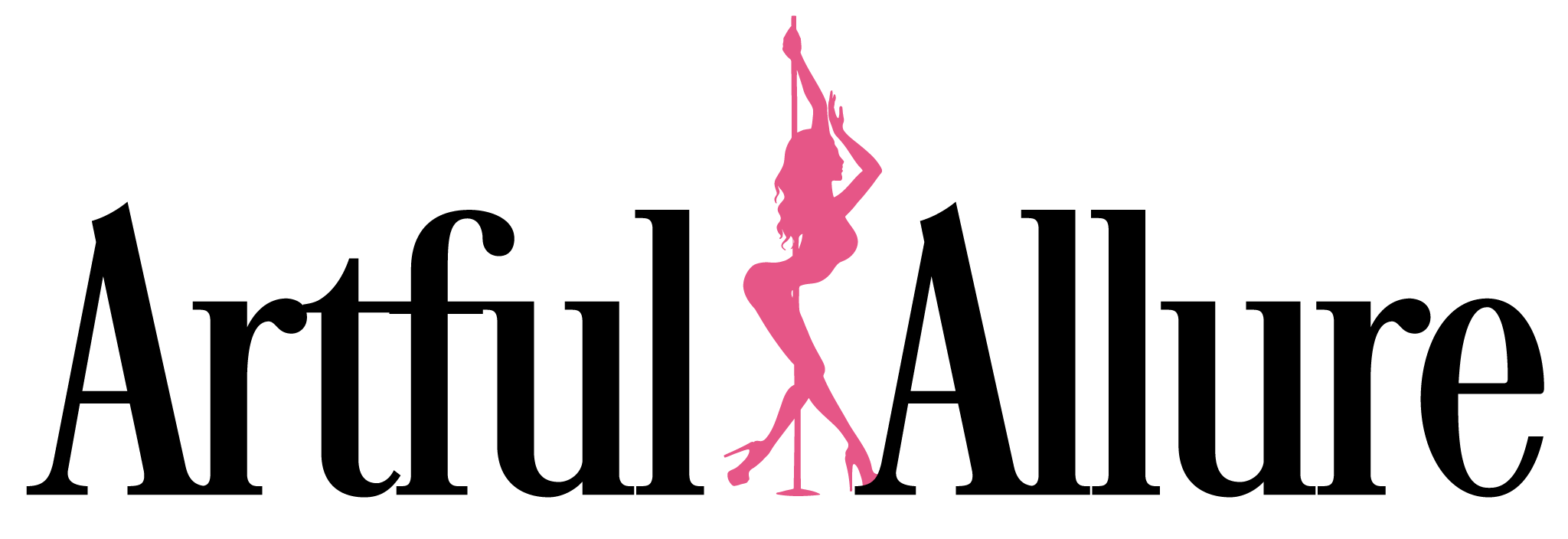 Pink silhouette of a woman performing on a pole, with the text 'Artful Allure' in black.