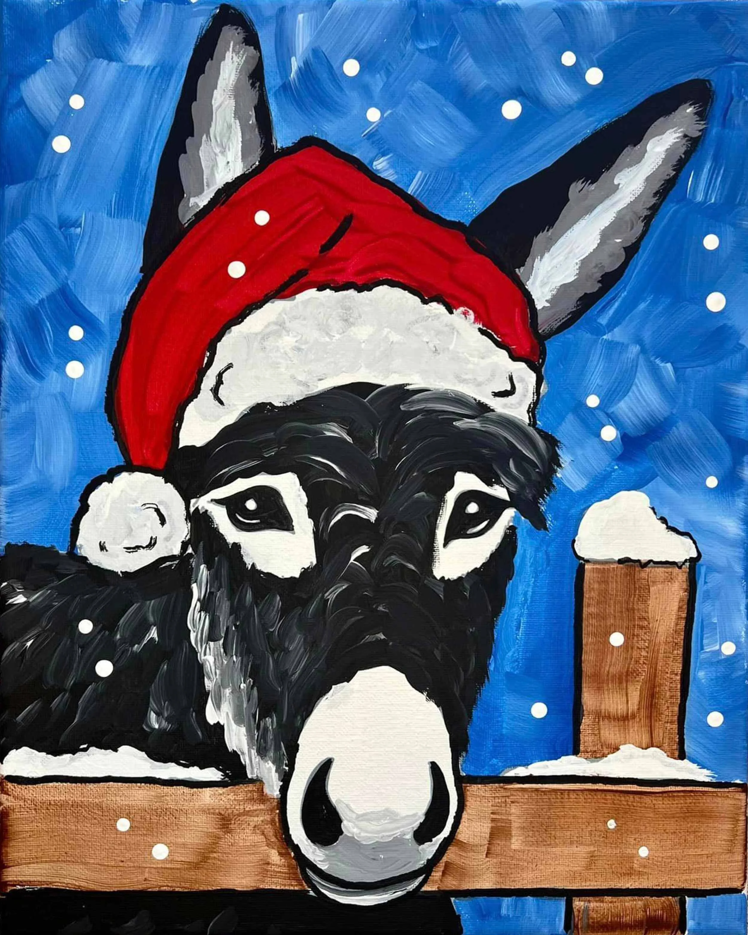 A painted illustration of a black and white dog wearing a red Santa hat with white trim, resting its head on a wooden fence. The background is blue with falling snow, and there is a frosted wooden post next to the dog.