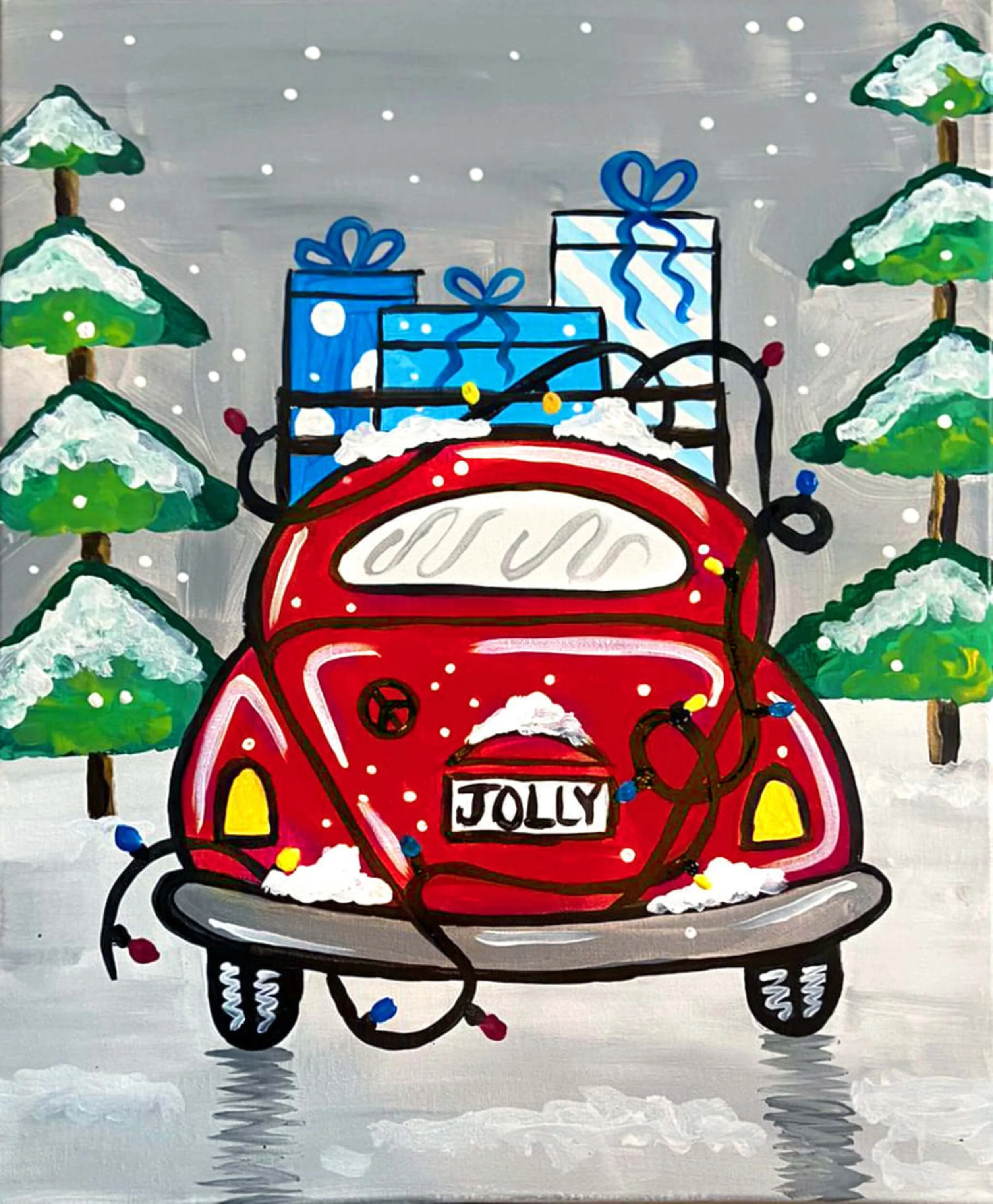 Colorful painting of a vintage red car decorated for Christmas, with evergreen trees on either side, snow on the ground, and Christmas presents on top of the car. The license plate reads 'JOLLY' and the car is wrapped in holiday lights.