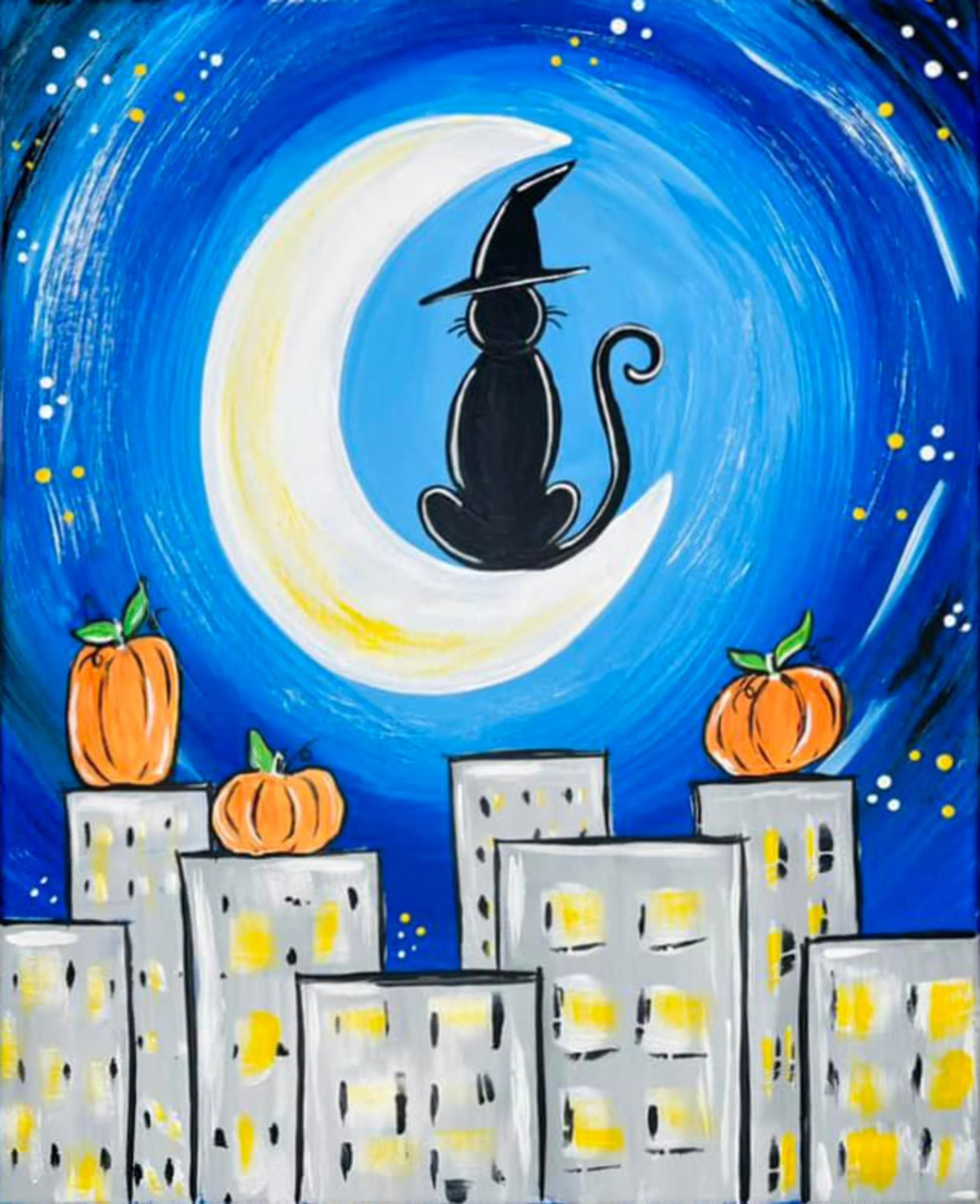 Painting of a black cat wearing a witch hat sitting on a crescent moon in a night sky with a city skyline and pumpkins on buildings.