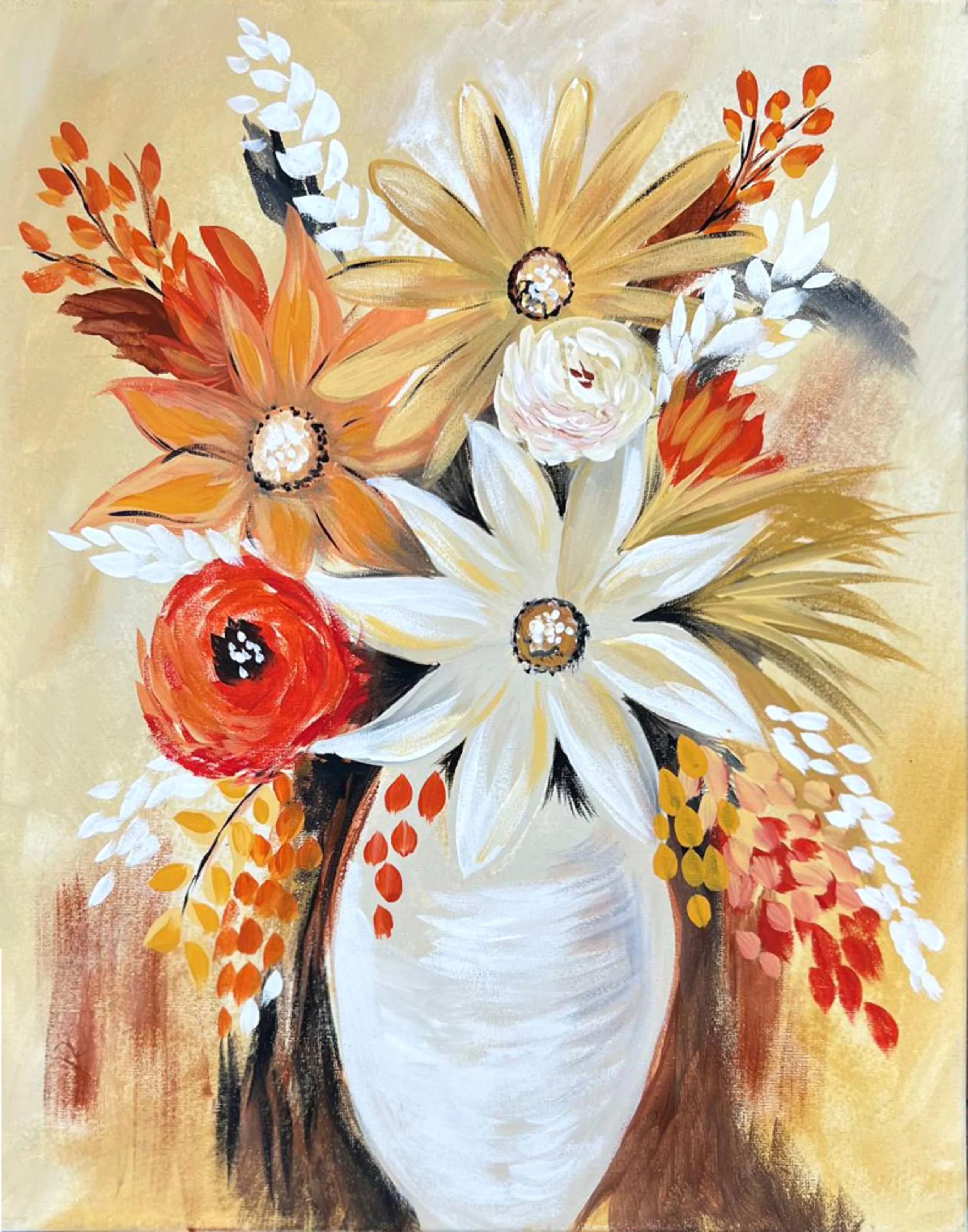 An abstract painting of a flower bouquet in a white vase with yellow, orange, red, and white flowers and foliage against a warm yellow background.