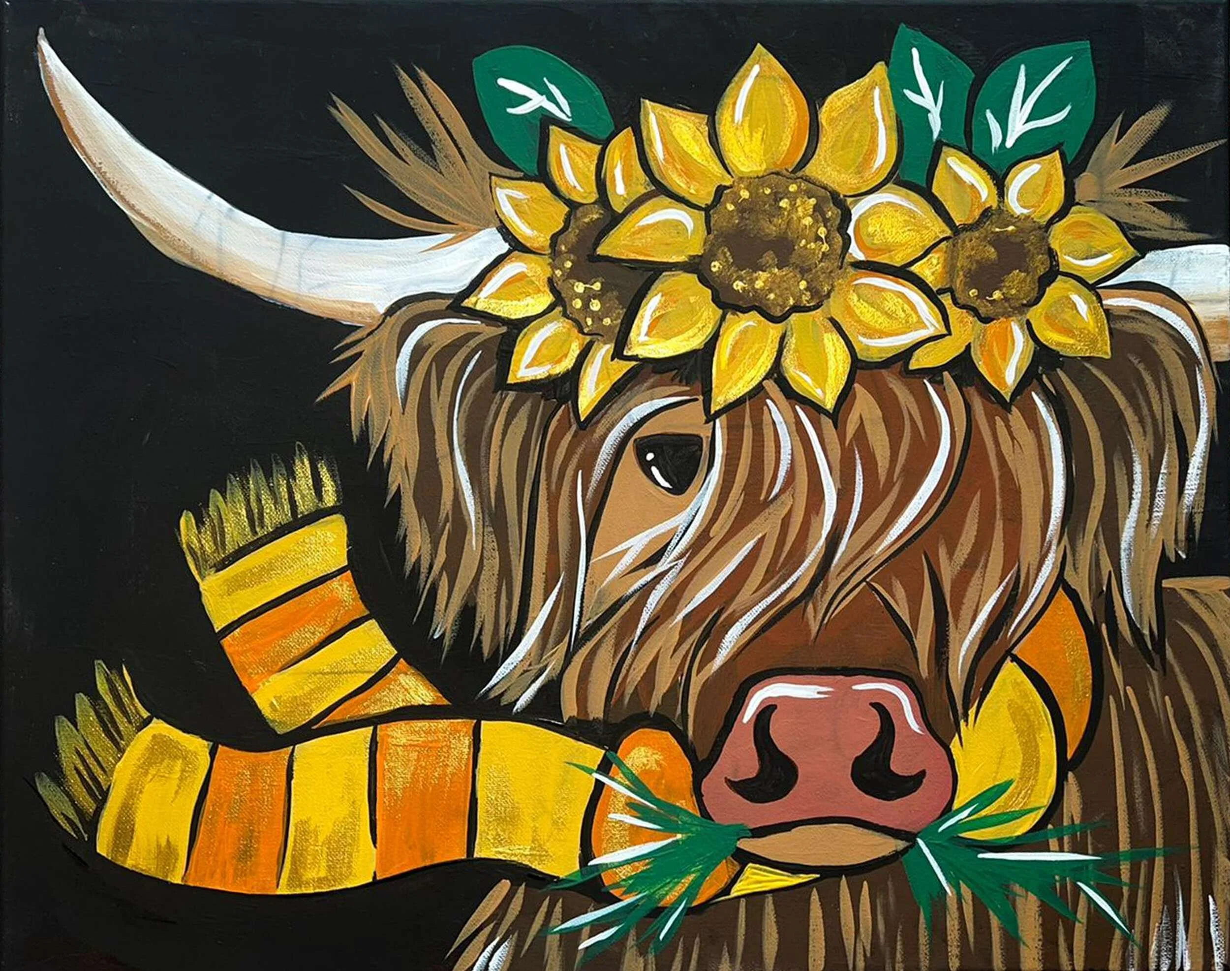 A painting of a Highland cow with a floral crown of yellow flowers and green leaves. The cow is depicted with a long face, white horns, and eating grass, against a black background.