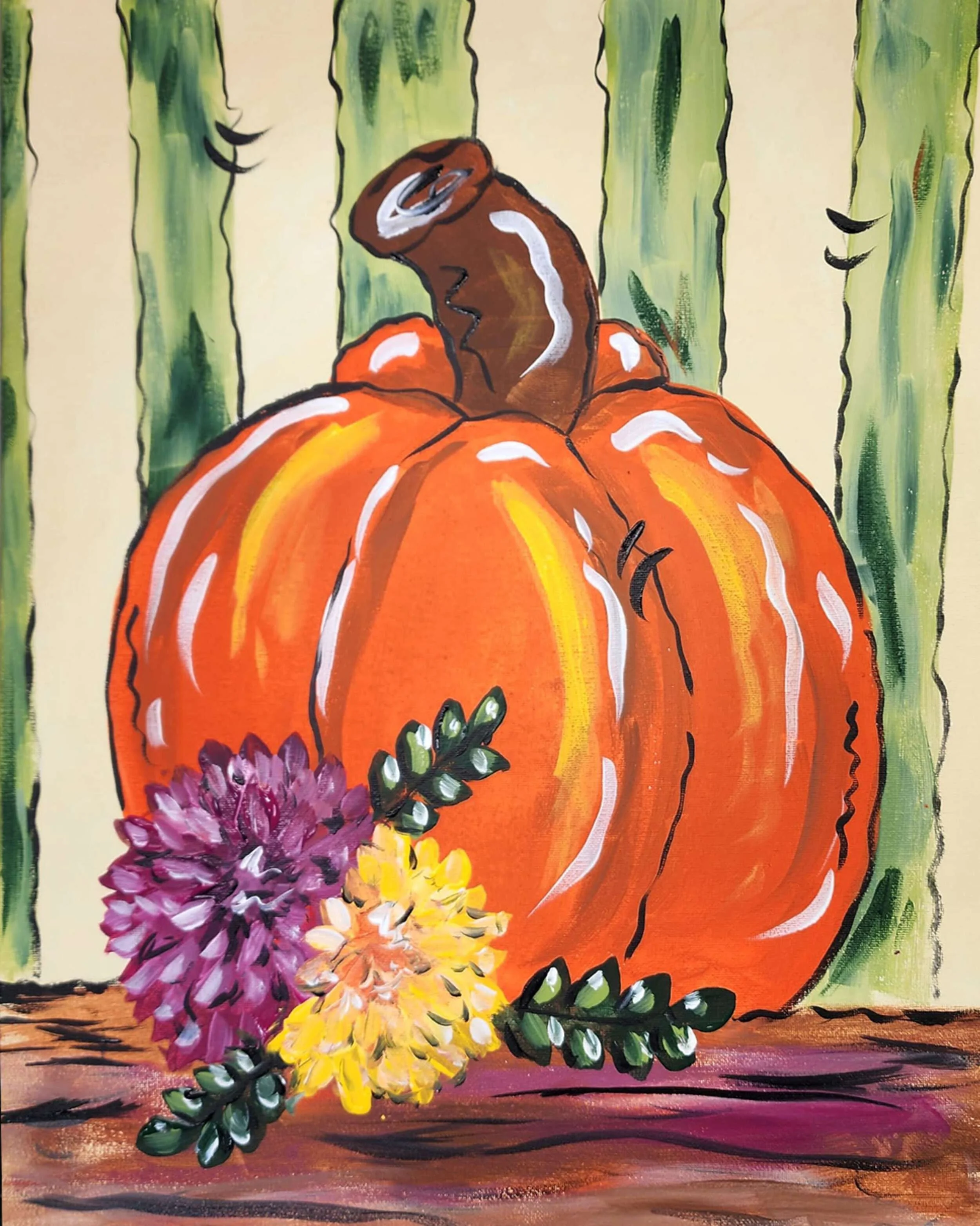 A painting of a large orange pumpkin with a brown stem, placed on a wooden surface, decorated with purple and yellow flowers and green leaves. The background consists of green vertical lines resembling a natural setting.