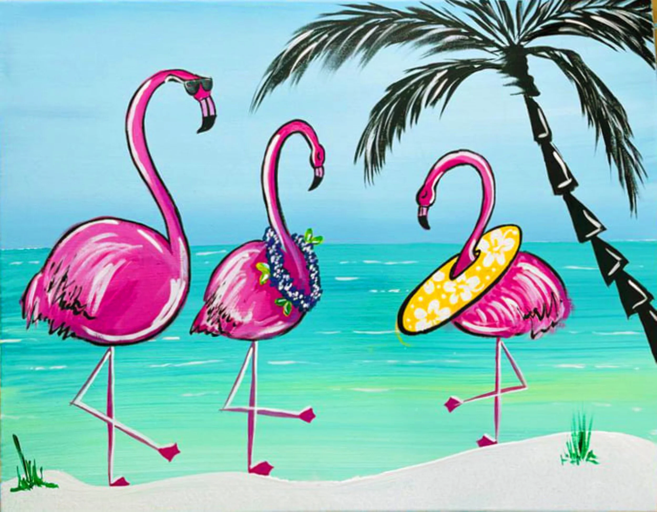 Three pink flamingos on a beach with a turquoise ocean, palm tree, and one flamingo wearing a yellow lei and a yellow floral drink float.