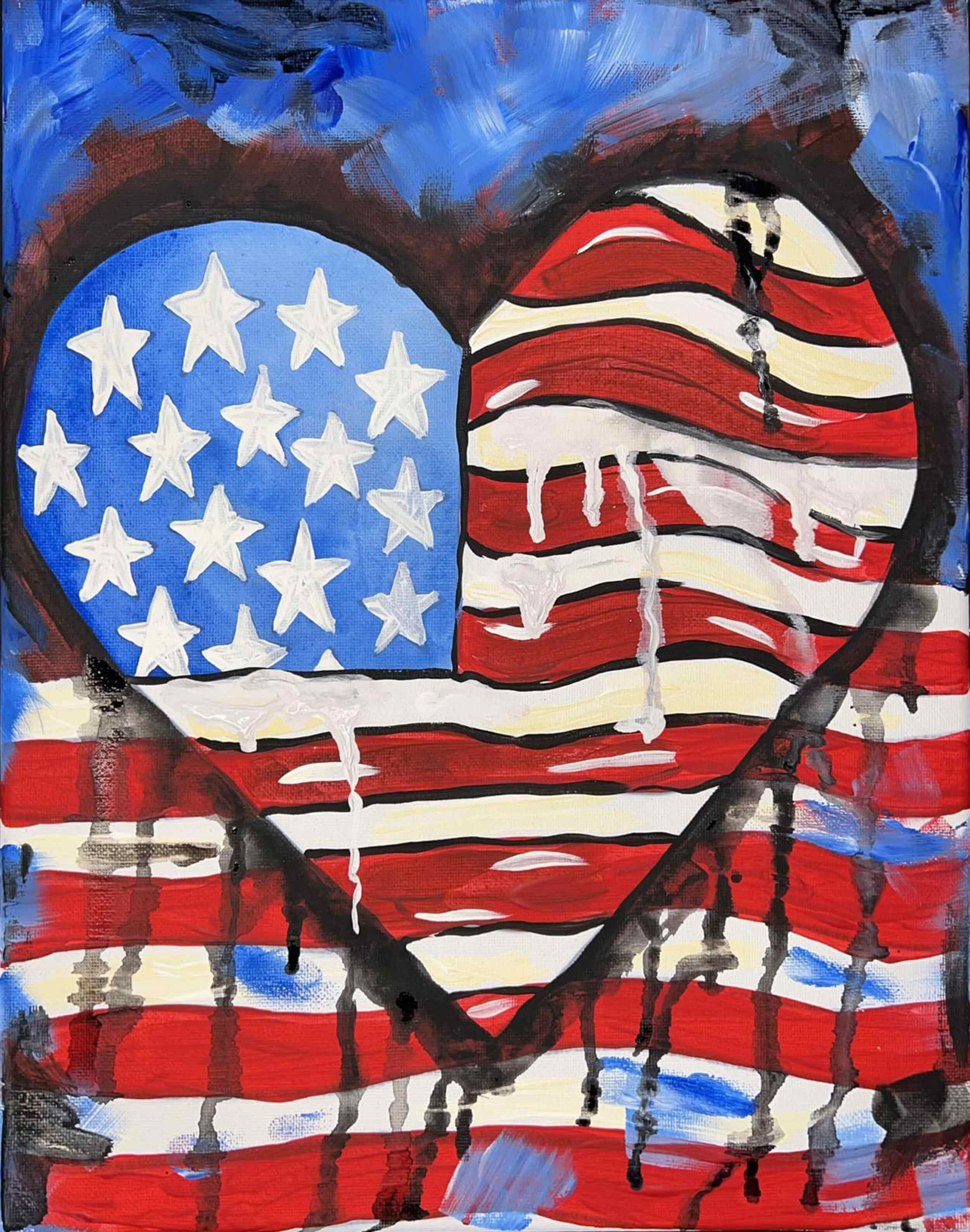 A painted depiction of a heart filled with the American flag design. The heart is outlined in black, with a blue field of white stars in the upper left portion, and red and white stripes throughout, with some white drips and black paint streaks.