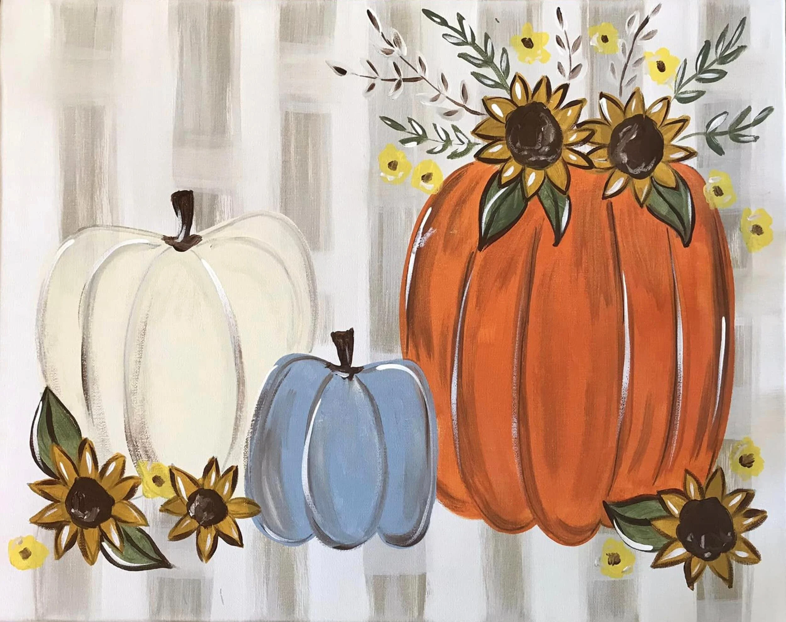 Decorative painting of three pumpkins in different colors, surrounded by sunflowers and small yellow flowers, on a textured background.