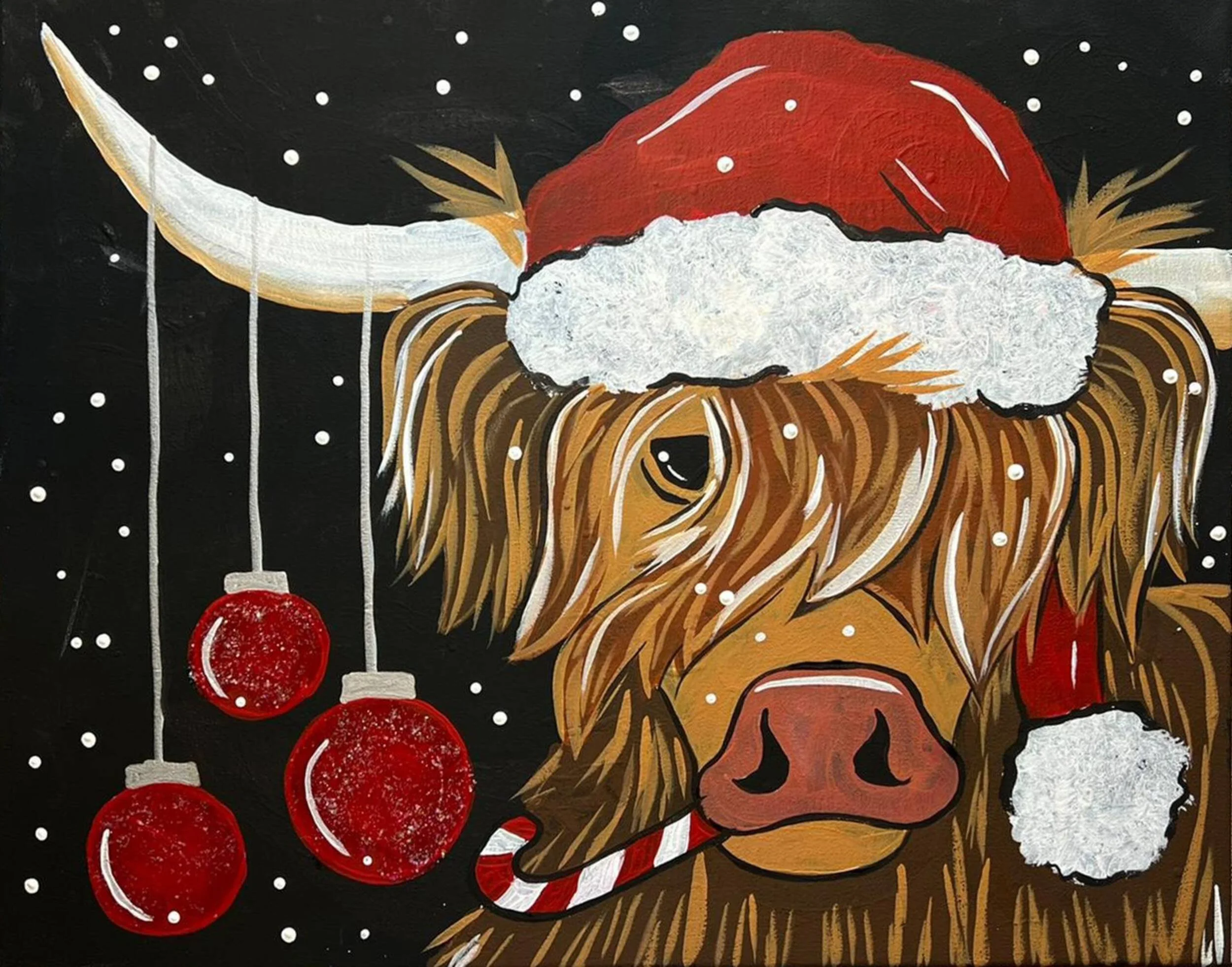 A painting of a Highland cow wearing a Santa hat, with red Christmas ornaments hanging on the left, against a black background with white snowflakes.