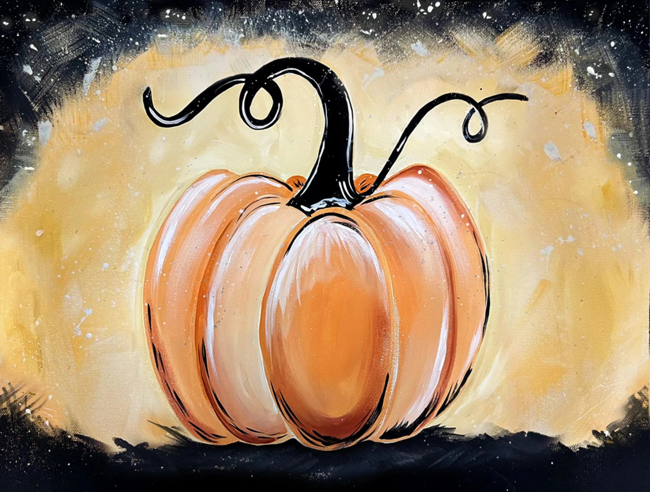 A colorful, stylized painting of an orange pumpkin with black swirly stem against a yellow and black background.