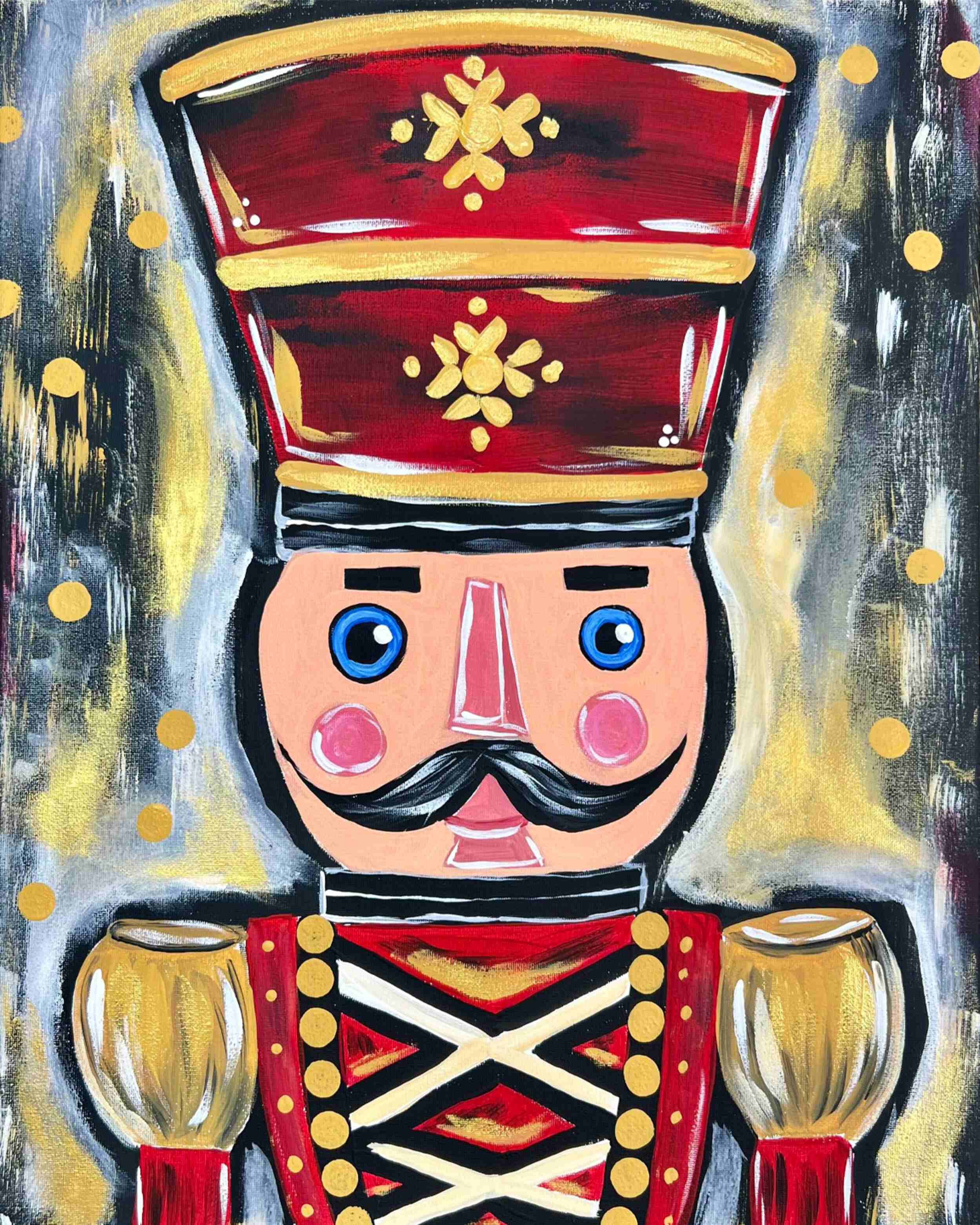 A colorful painting of a toy soldier with a red hat decorated with yellow patterns, a pink face with big blue eyes, rosy cheeks, a black mustache, and a red and gold uniform with black and white crisscross patterns on the chest.
