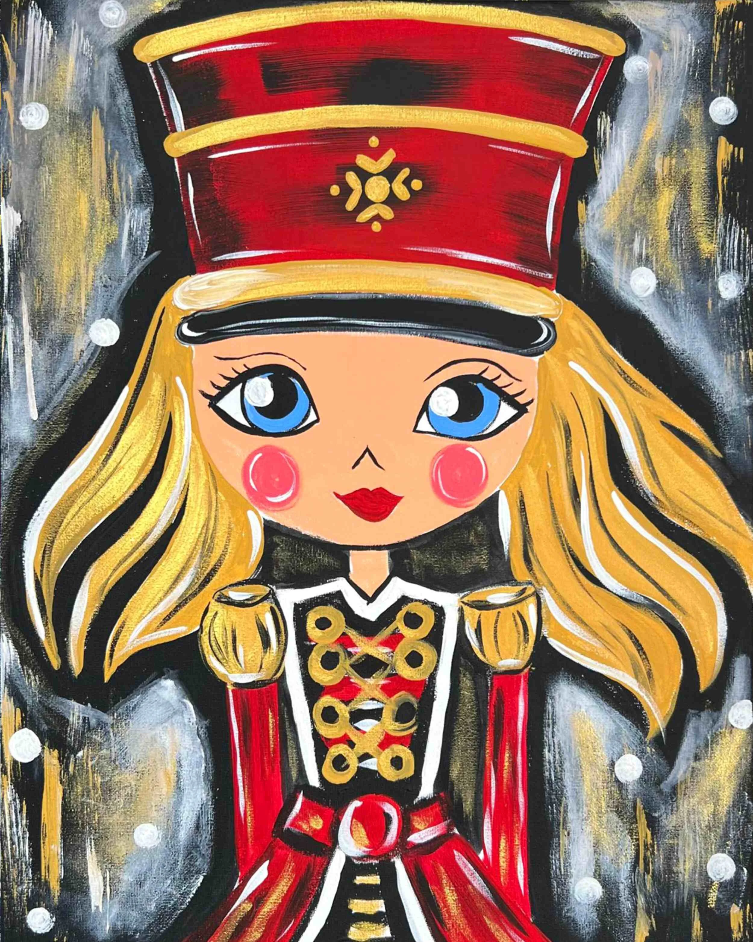 A cartoon illustration of a girl dressed as a nutcracker soldier with blue eyes, long blonde hair, a red and black uniform with gold accents, and a tall red hat with gold embellishment.
