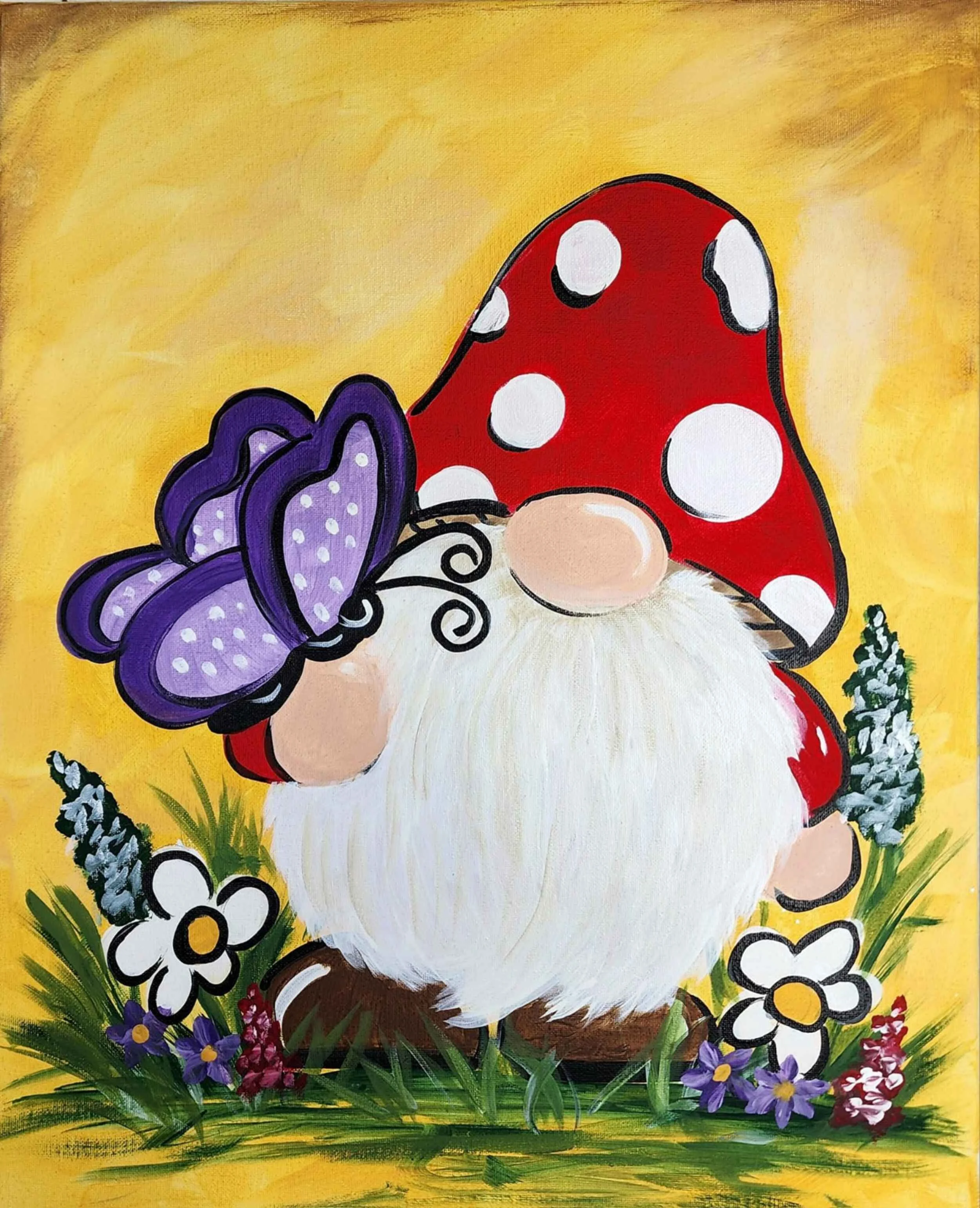 A whimsical painting of a gnome with a red mushroom hat with white polka dots, holding a purple butterfly, surrounded by colorful flowers and green grass on a yellow background.