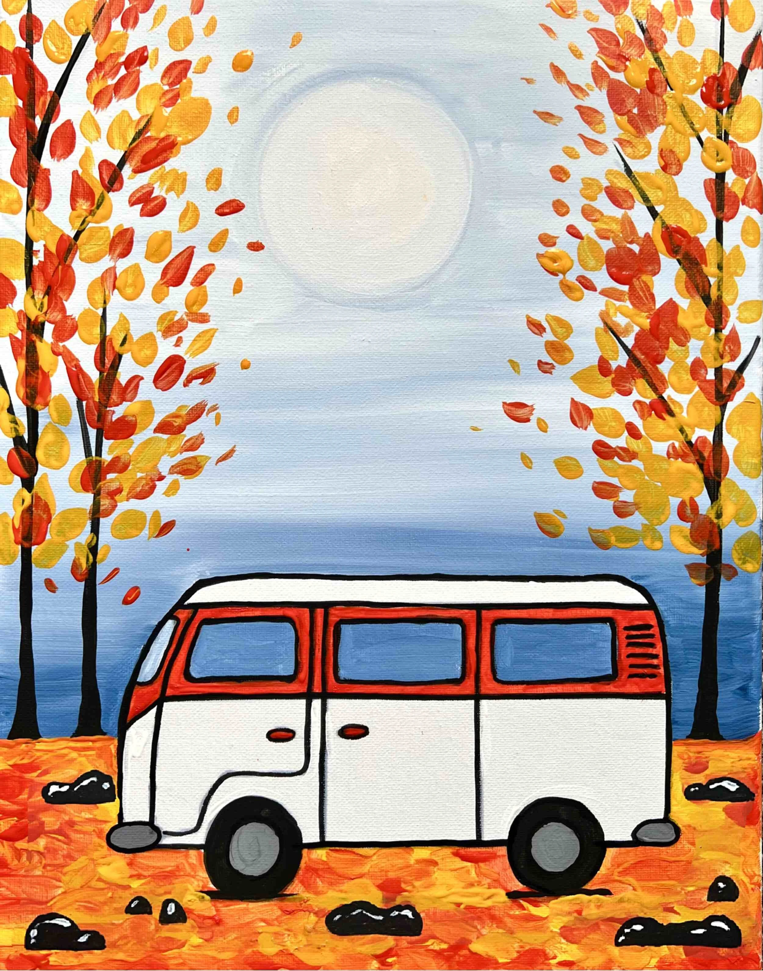 A colorful painting of an autumn scene with a white and red van on orange fallen leaves, two tall trees with orange and yellow leaves on either side, a bright sky with a large sun, and dark rocks scattered on the ground.