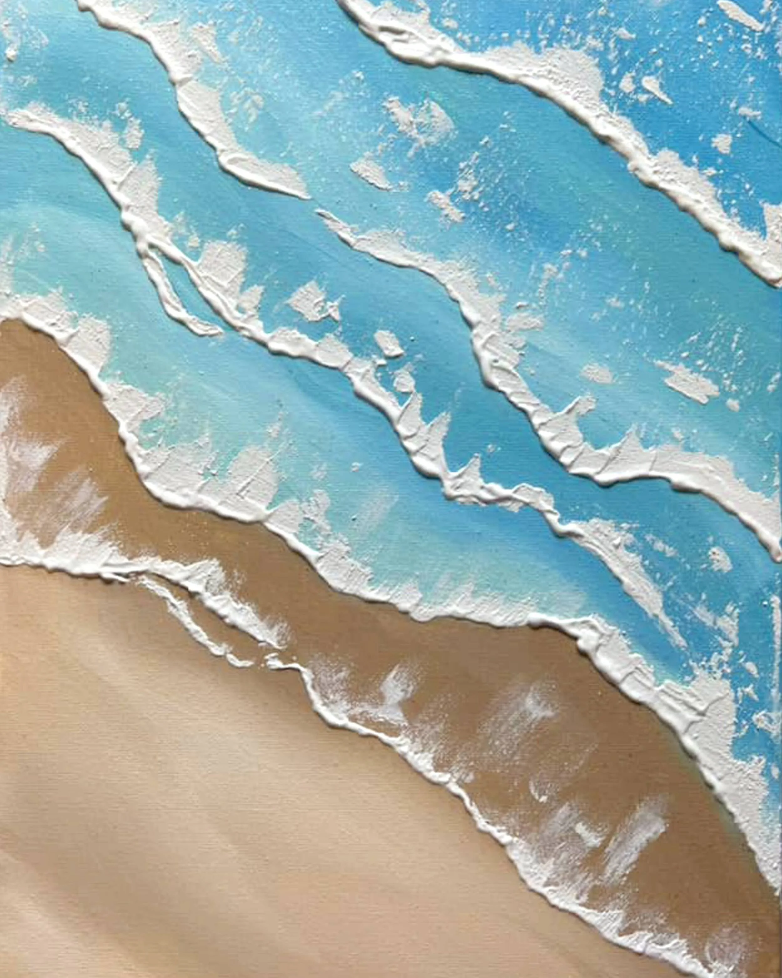 A painting of the beach with sand and ocean waves, using textured paint in shades of blue, white, and tan.