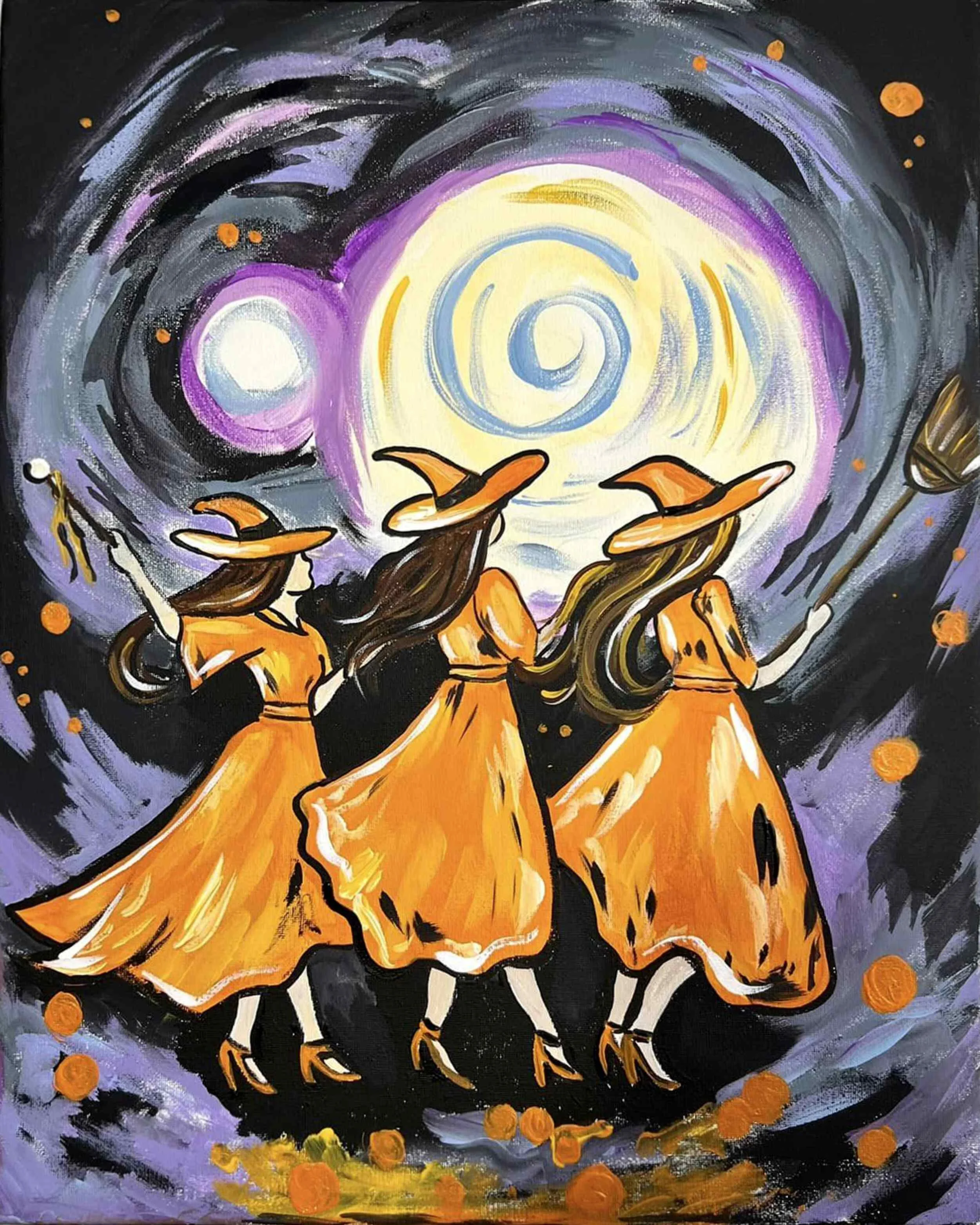 Three women dressed as witches wearing orange dresses and hats, walking together in front of a swirling, cosmic background with purple, yellow, and black colors, holding a broom and a wand.