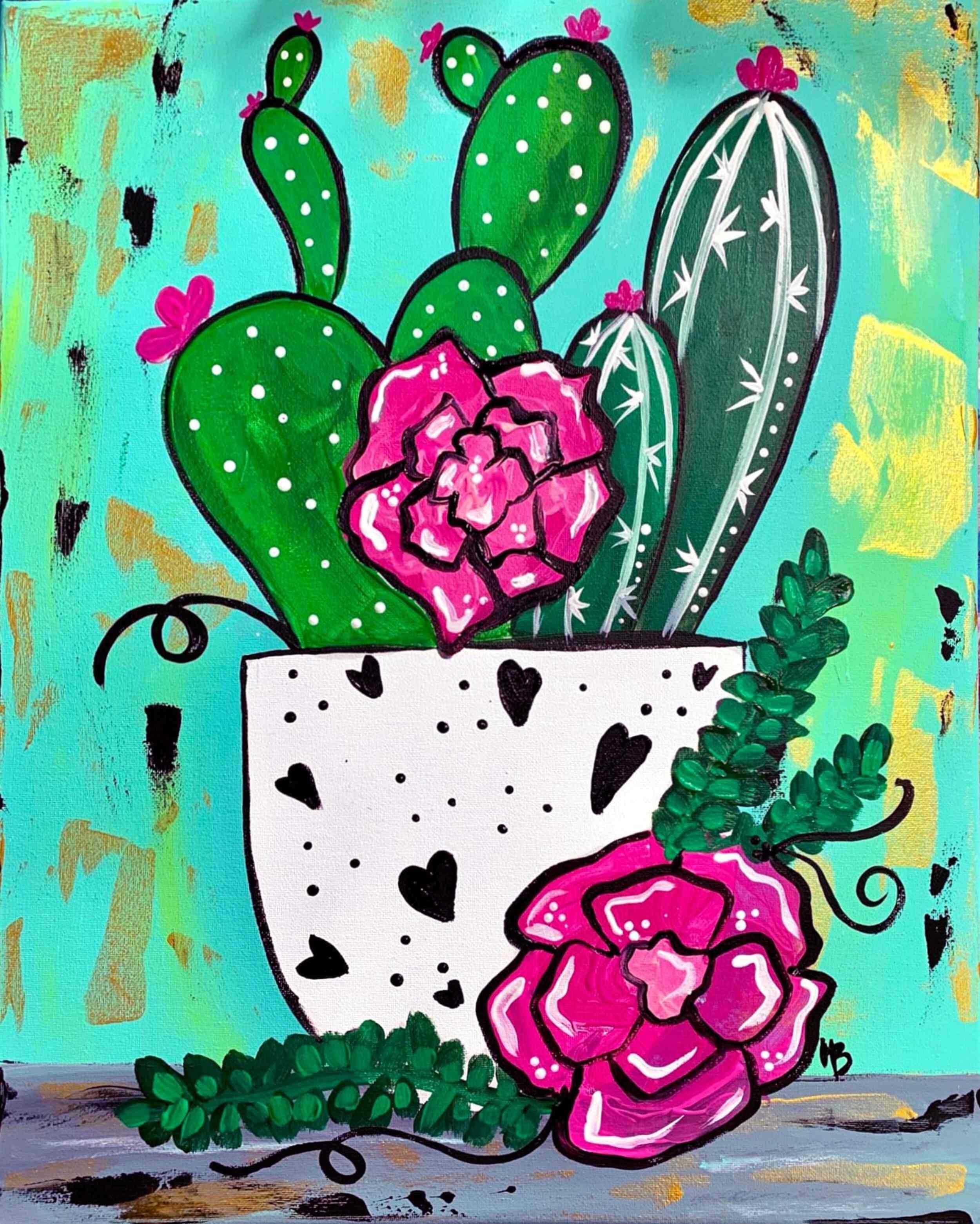 Bright, colorful painting of various cacti and succulents in a white pot with black heart patterns. The cacti have pink flowers, and the background is a vibrant mix of cyan, yellow, black, and gold. There are additional green leaves and a pink flower outside the pot.