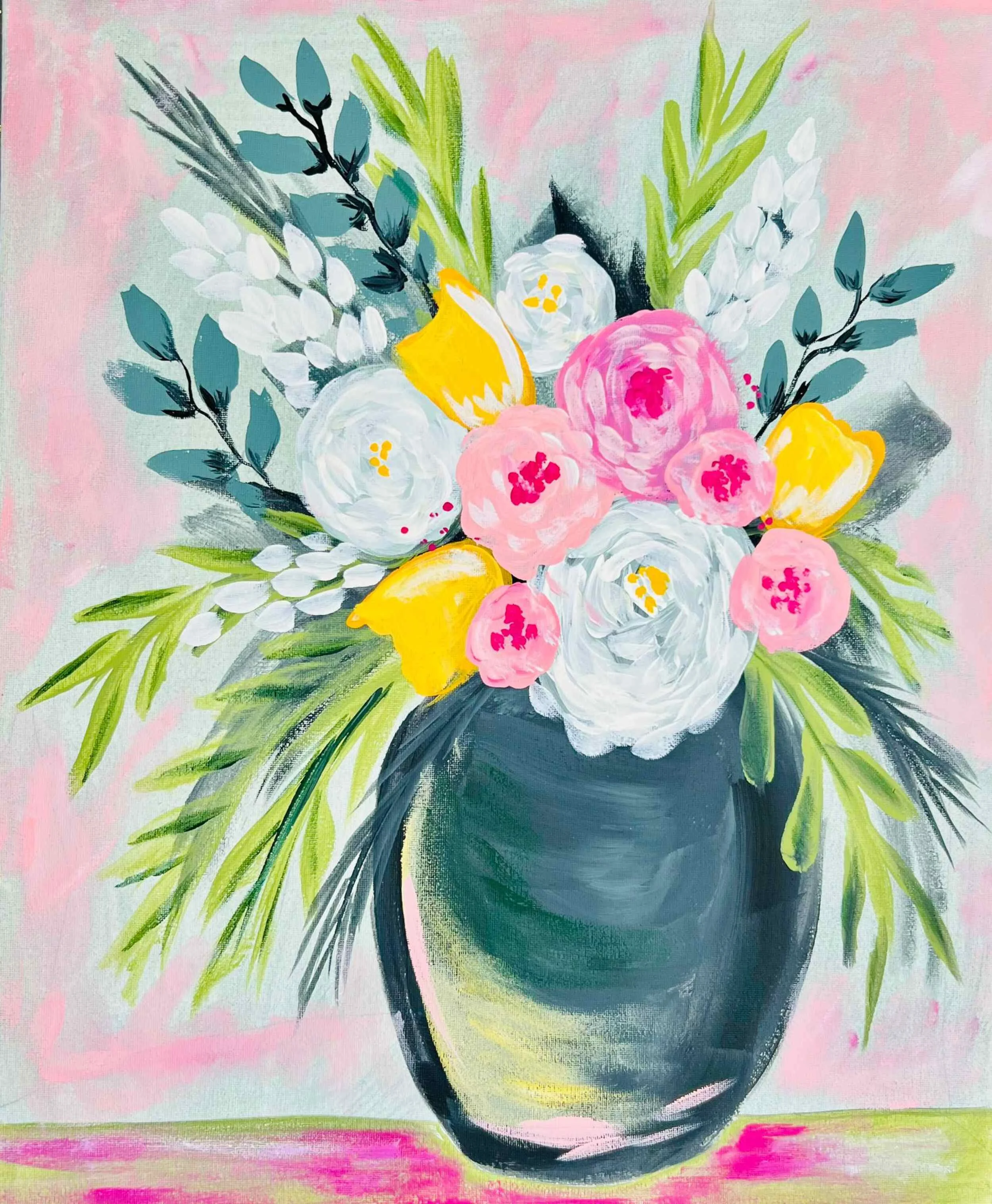 A colorful painting of a bouquet of flowers in a dark vase, featuring white, pink, and yellow flowers with green leaves against a light pink background.