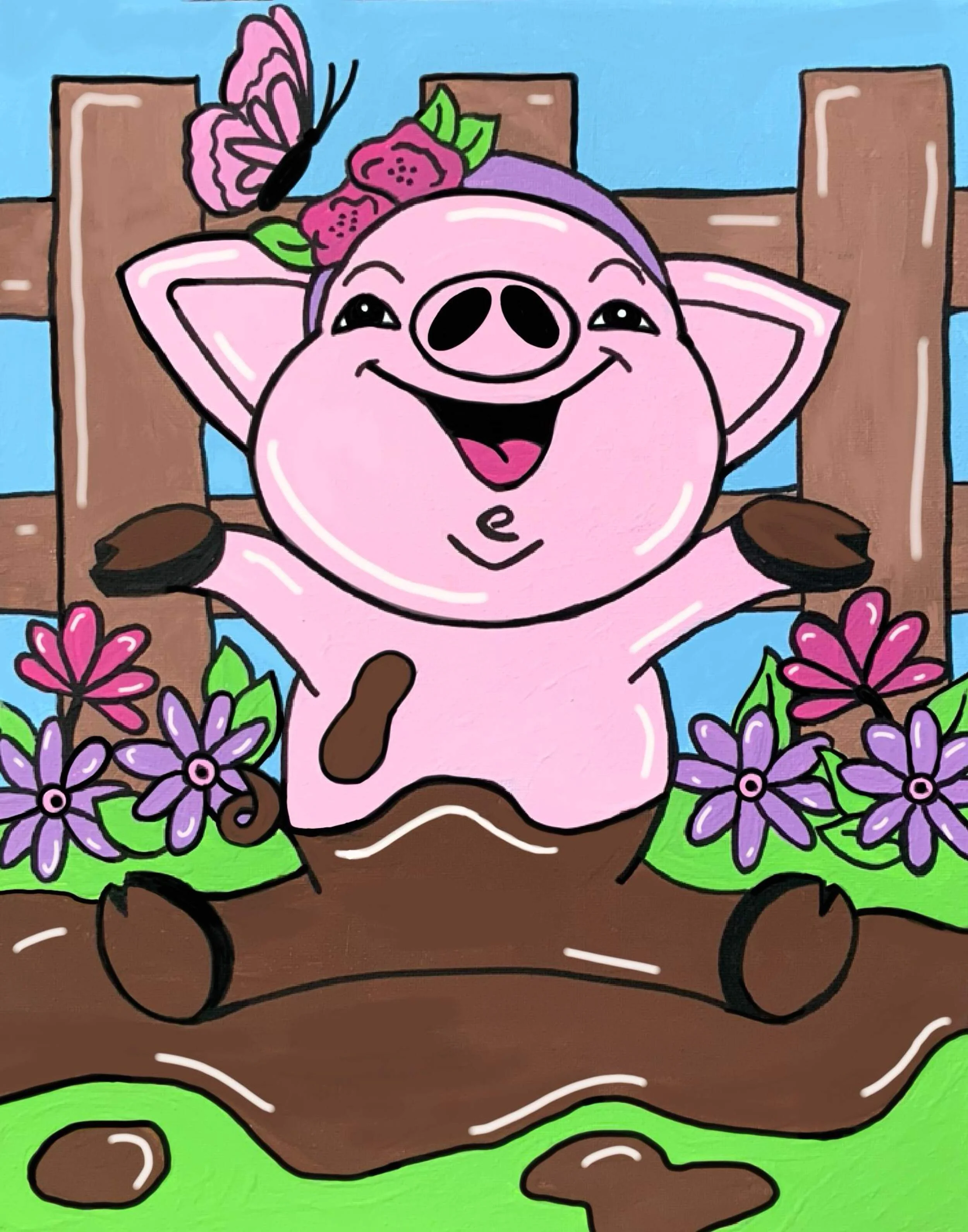 A cheerful, cartoon-style pig sitting in a garden surrounded by purple and pink flowers, with a blue sky background, wearing a purple headband with pink roses and a butterfly perched on its ear.
