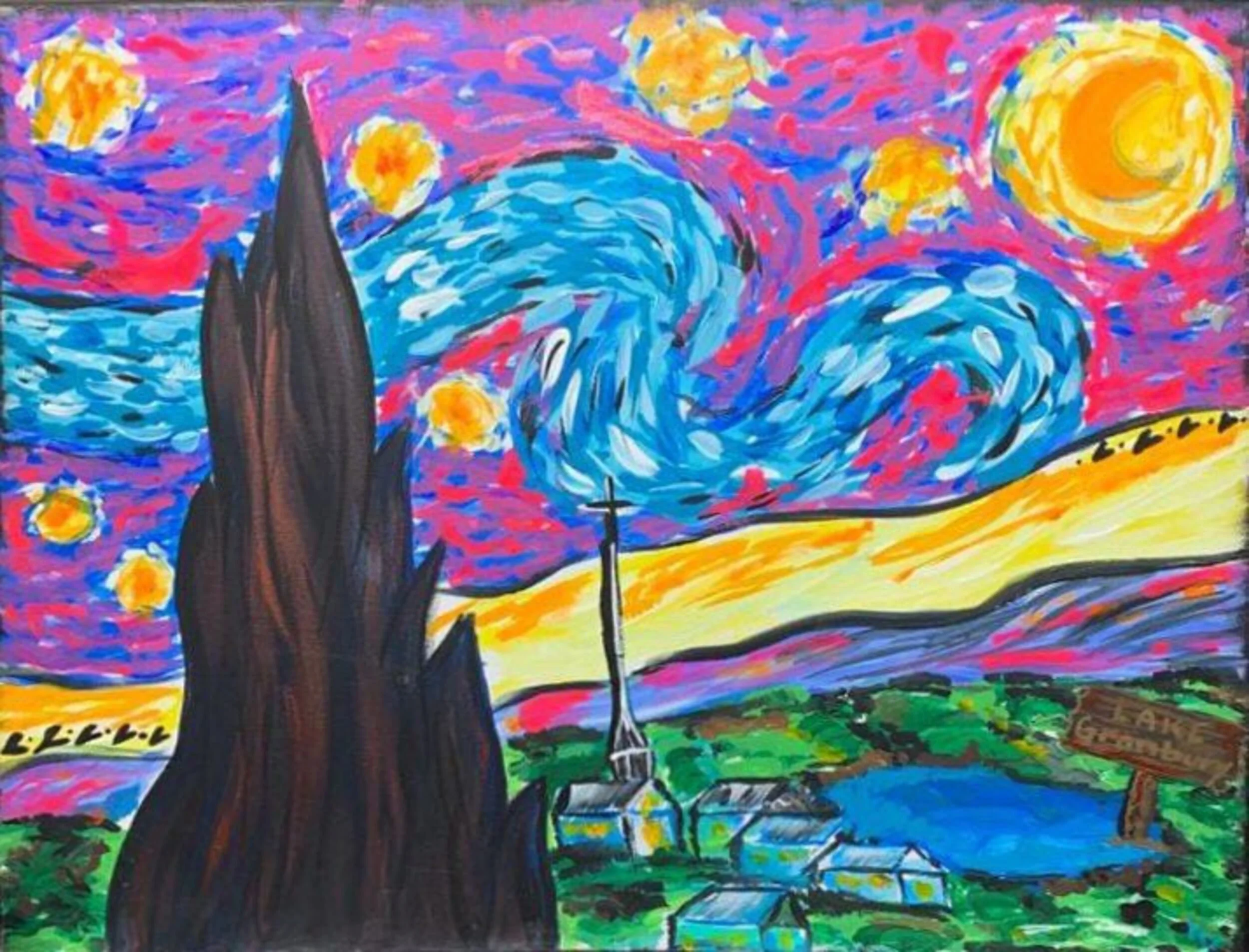 A colorful painting inspired by Vincent van Gogh's Starry Night, featuring a stylized night sky with swirling clouds, bright yellow stars, and a yellow crescent moon. In the foreground, there is a dark cypress tree, a small village with houses, a church with a tall steeple, a river, and a wooden sign that reads 'Lake Lodge'.
