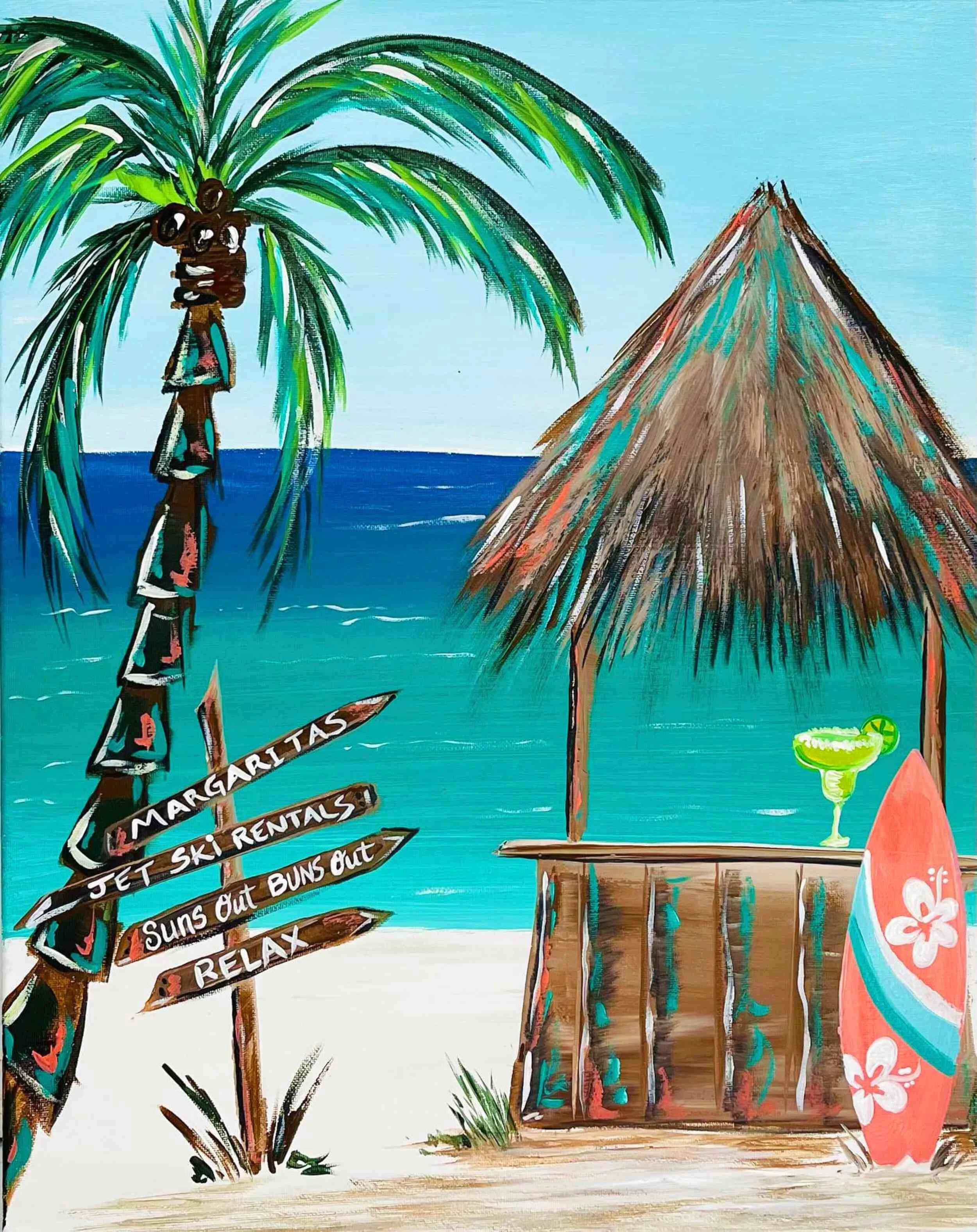 A colorful painting of a tropical beach scene with a palm tree, a thatched hut, a surfboard with a Hawaiian flower design, a sign pointing to activities like margaritas, jet ski rentals, sunouts, and relaxation, ocean in the background, and a margarita glass with lime on the hut's counter.