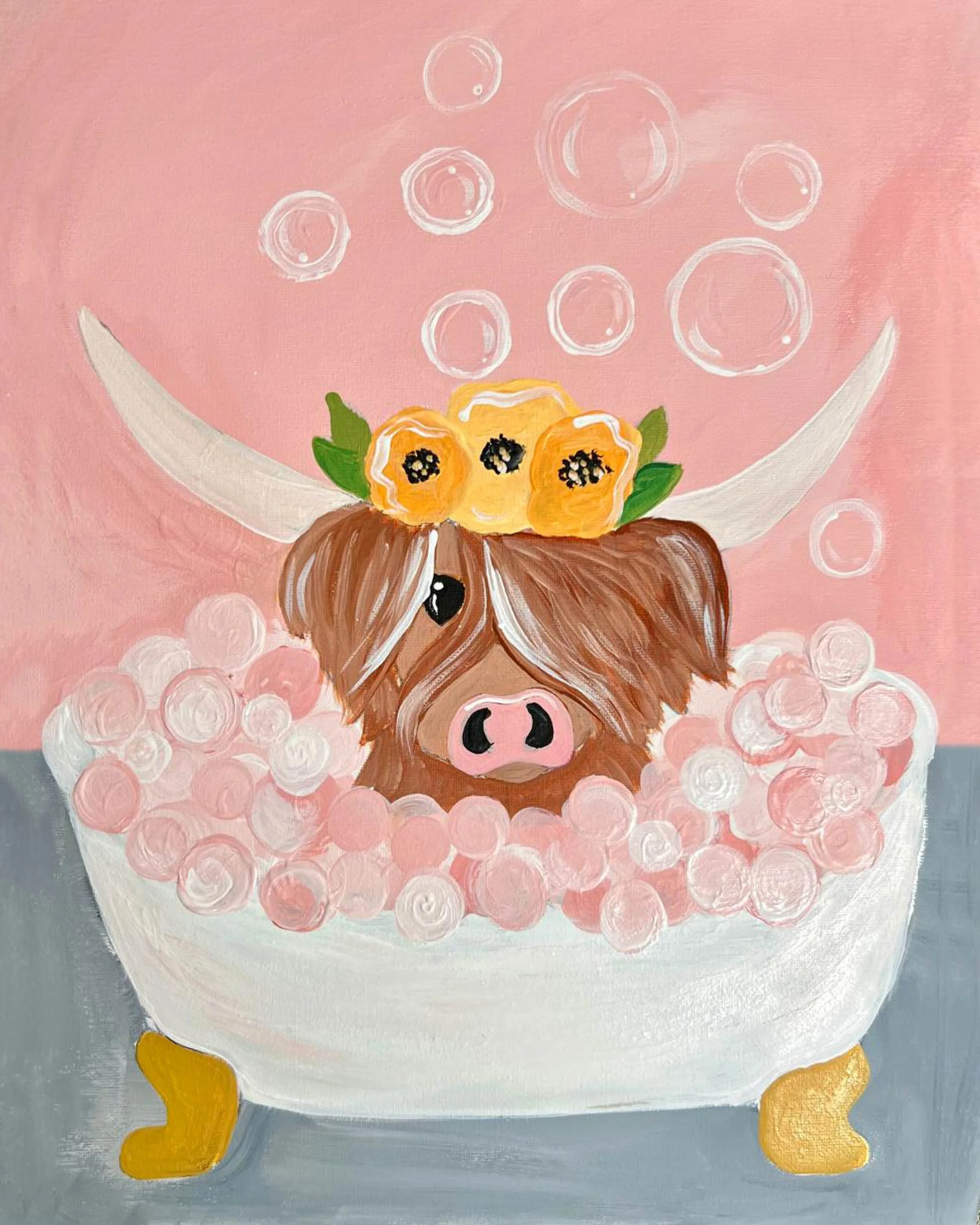 A playful painting of a highland cow's face with long hair, pink nose, and eyes covered by hair, inside a bathtub filled with pink bubbles, decorated with a yellow flower crown, and set against a pink background.