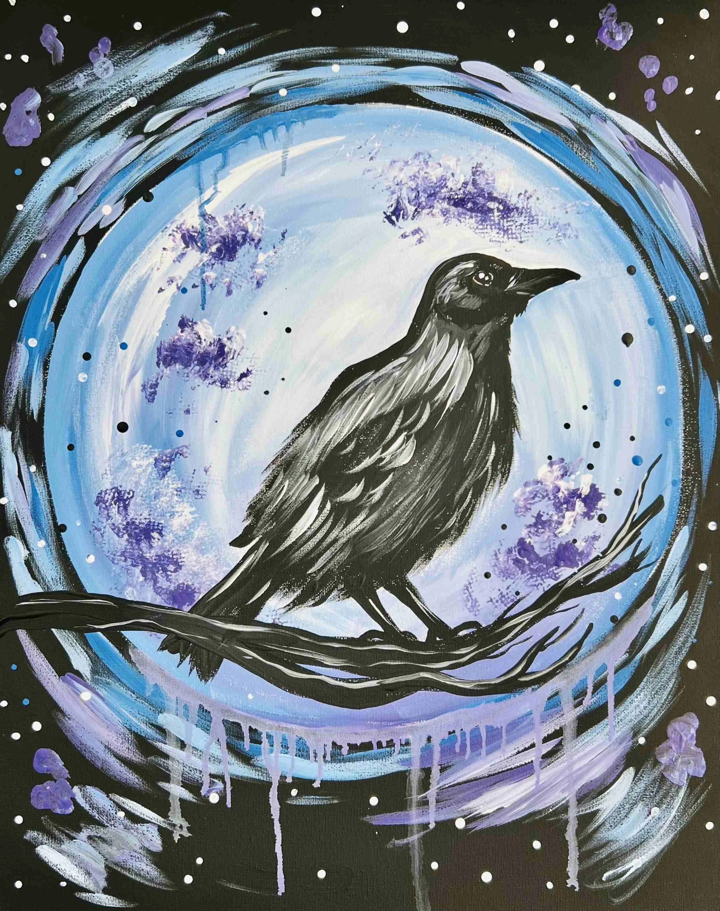 A black and white painting of a bird sitting on a branch, with a moon and purple clouds in the background, surrounded by swirling colors and dots.