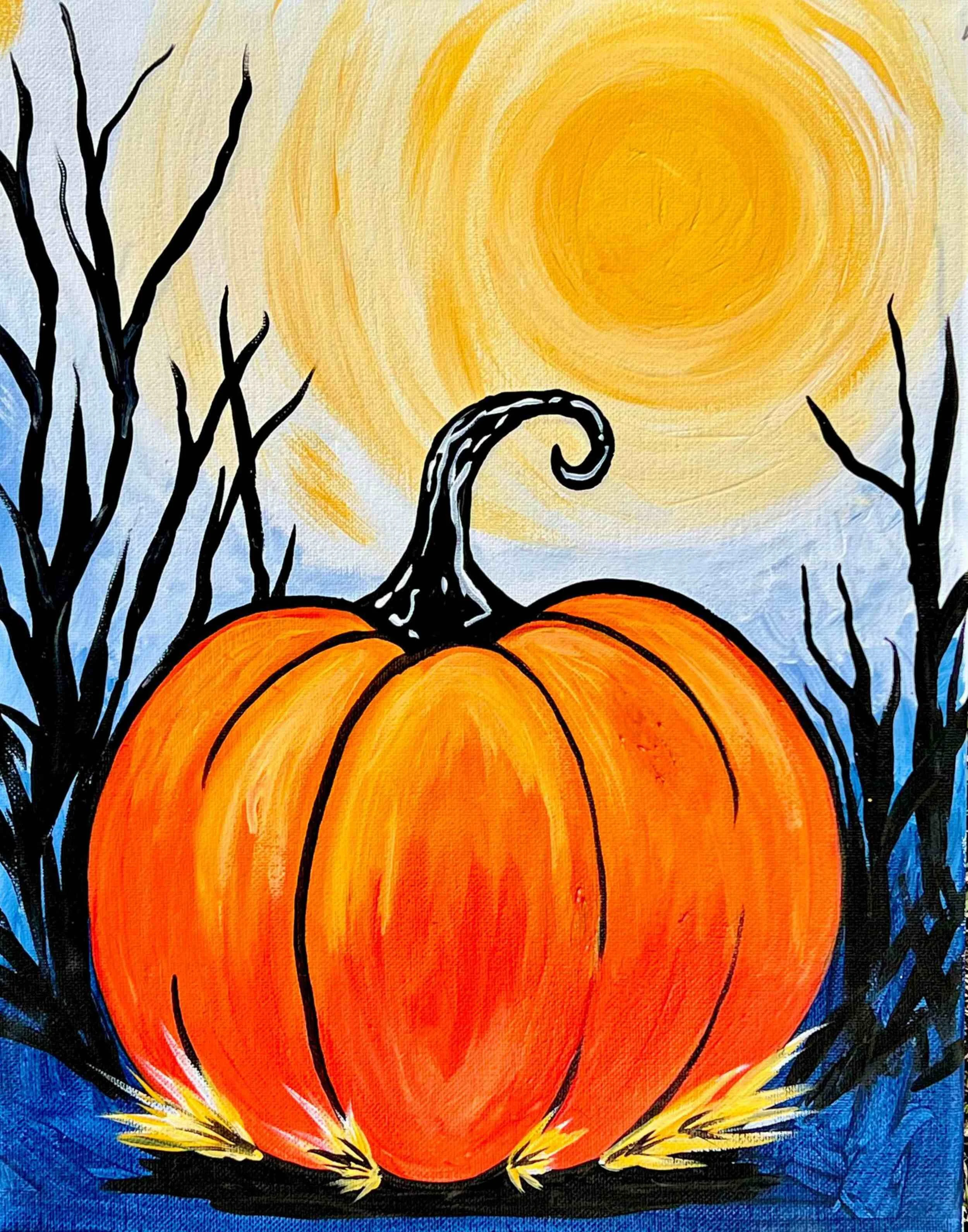 A painted autumn scene featuring a large orange pumpkin with black stems, surrounded by black leafless trees, under a yellow-orange sun in a sky with shades of blue and white.