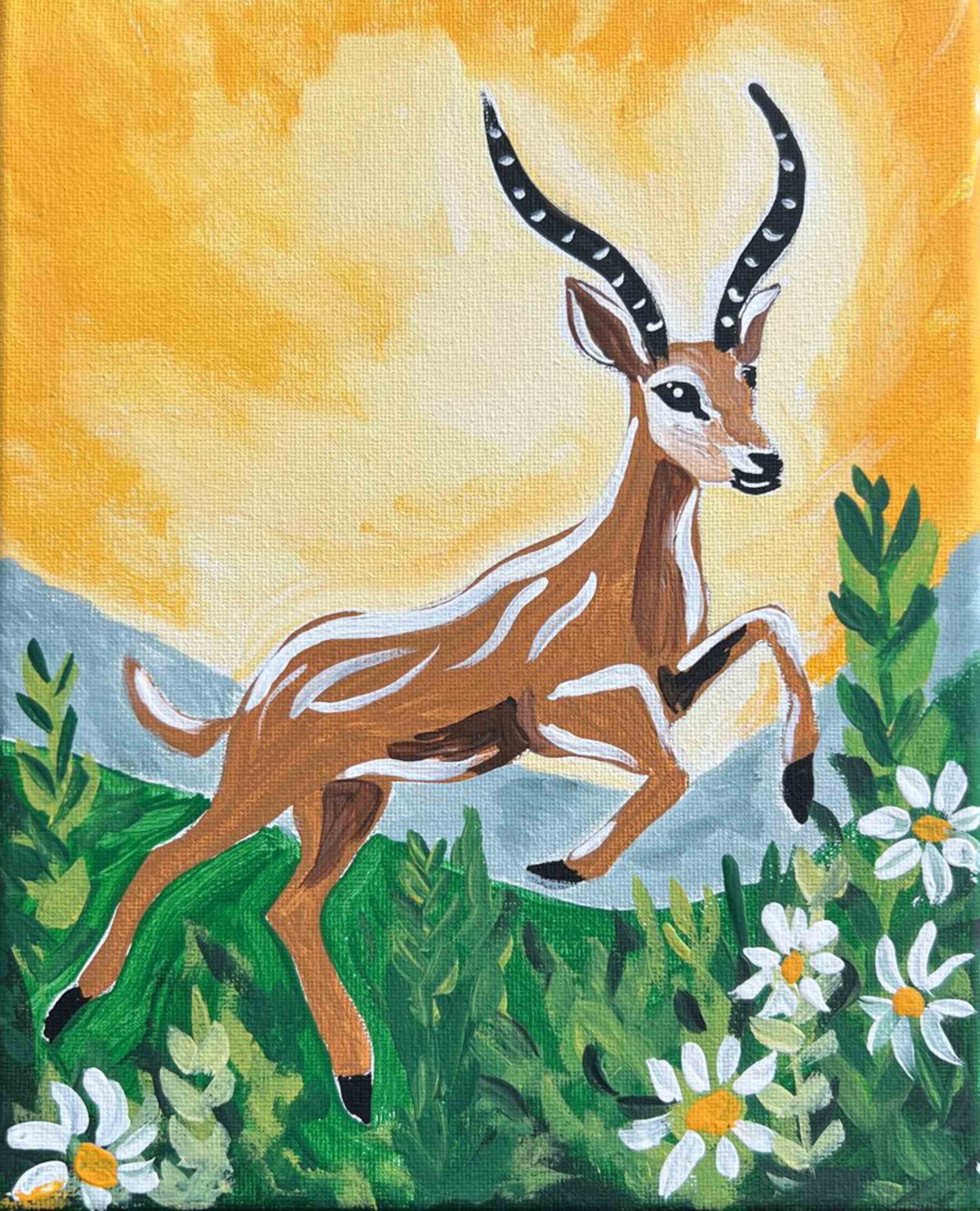 Painting of an antelope with long, black, striped horns leaping among green grass and white daisies under a bright yellow sky.