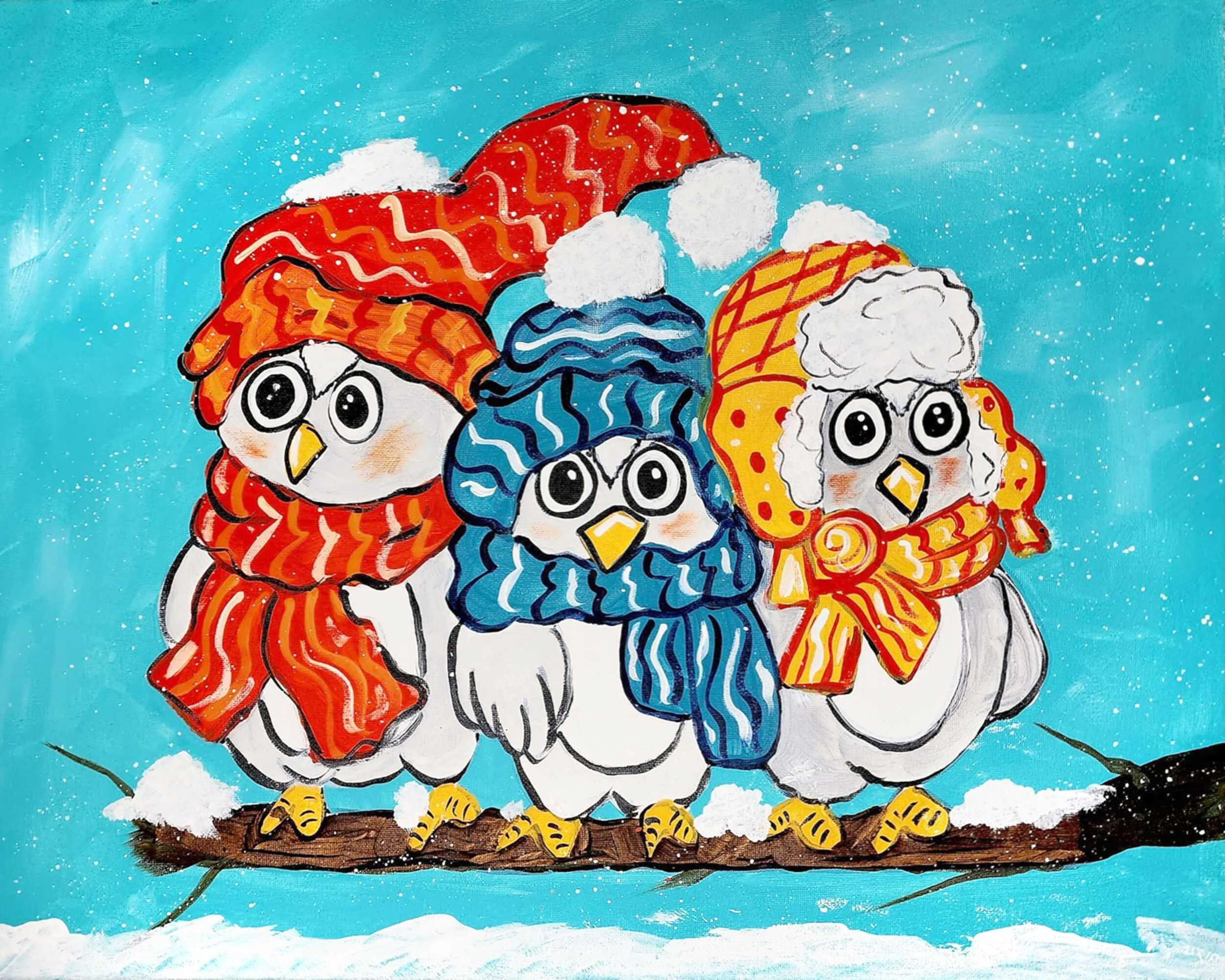 Painting of three cartoon-style penguins standing on snow, wearing colorful winter hats and scarves, with a snowy blue background.