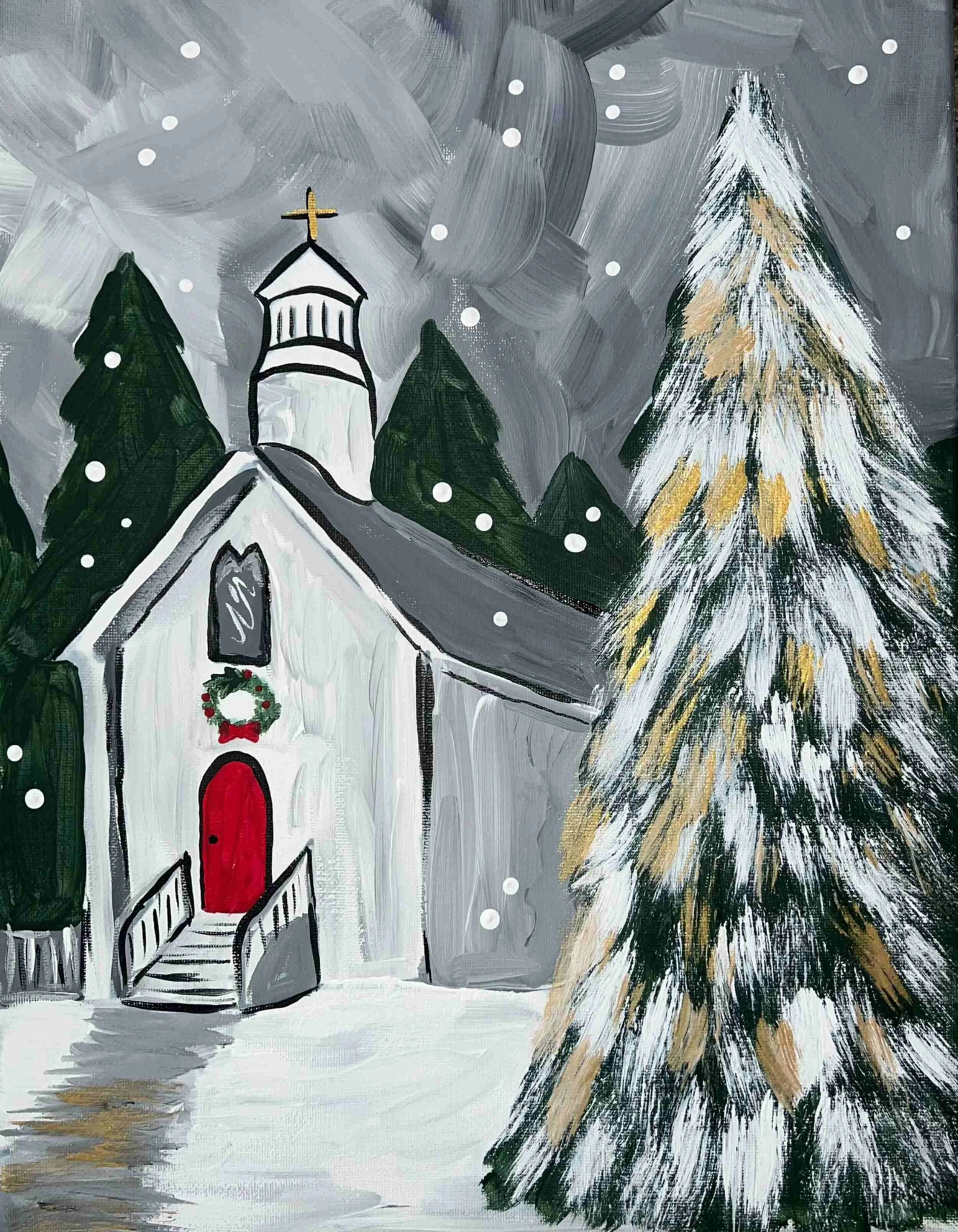 A painting of a winter scene featuring a white church with a red door and a wreath, snow-covered ground, a large snow-dusted pine tree, and a cloudy sky with falling snow.