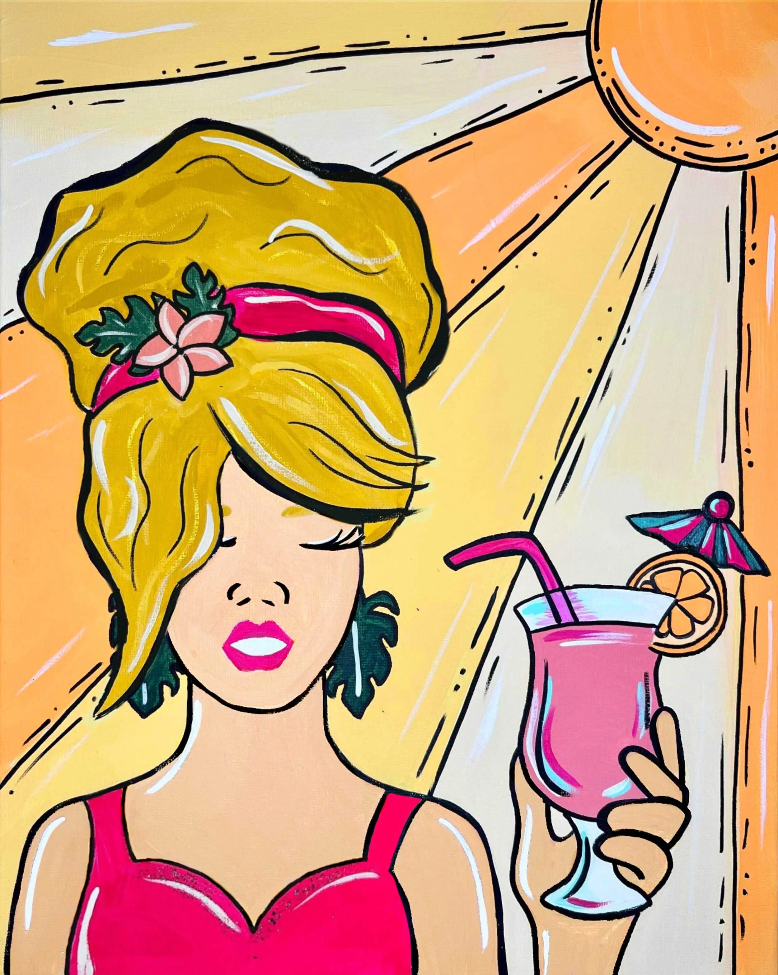 A colorful cartoon illustration of a woman with long blonde hair wearing a red dress, holding a pink cocktail with an umbrella and lemon slice, under a bright sun.