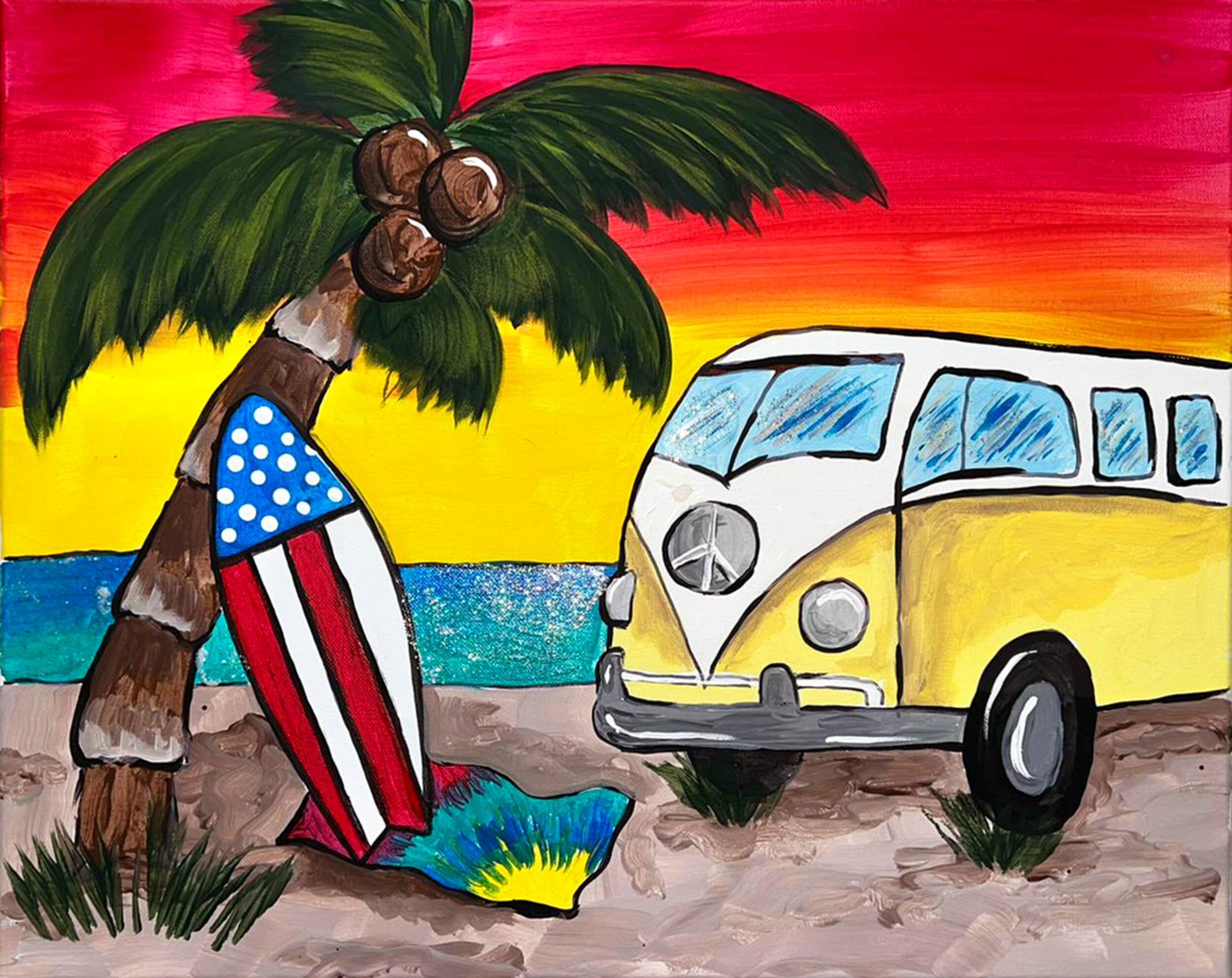 A colorful painting of a tropical beach scene at sunset with a palm tree, an American flag-themed surfboard, a yellow and white Volkswagen van, and a rainbow-colored towel on the sand.