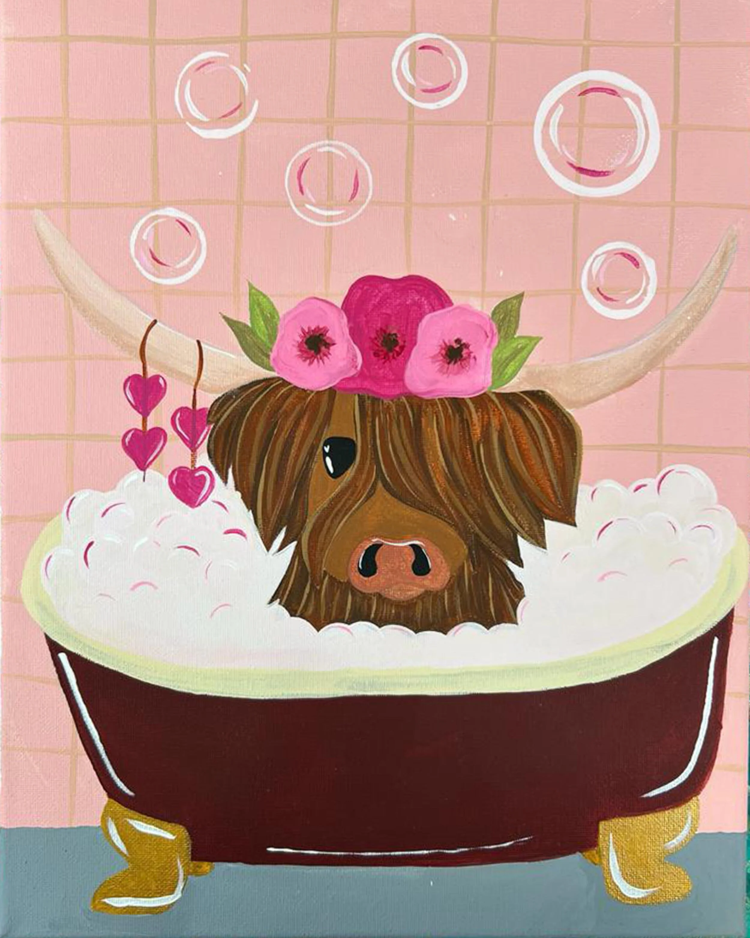 A painting of a Highland cow with long brown hair and large horns, lying in a bathtub filled with white bubbles. The cow has pink flowers on its head and pink heart-shaped earrings hanging from its horns. The background has pink tiles and bubbles.